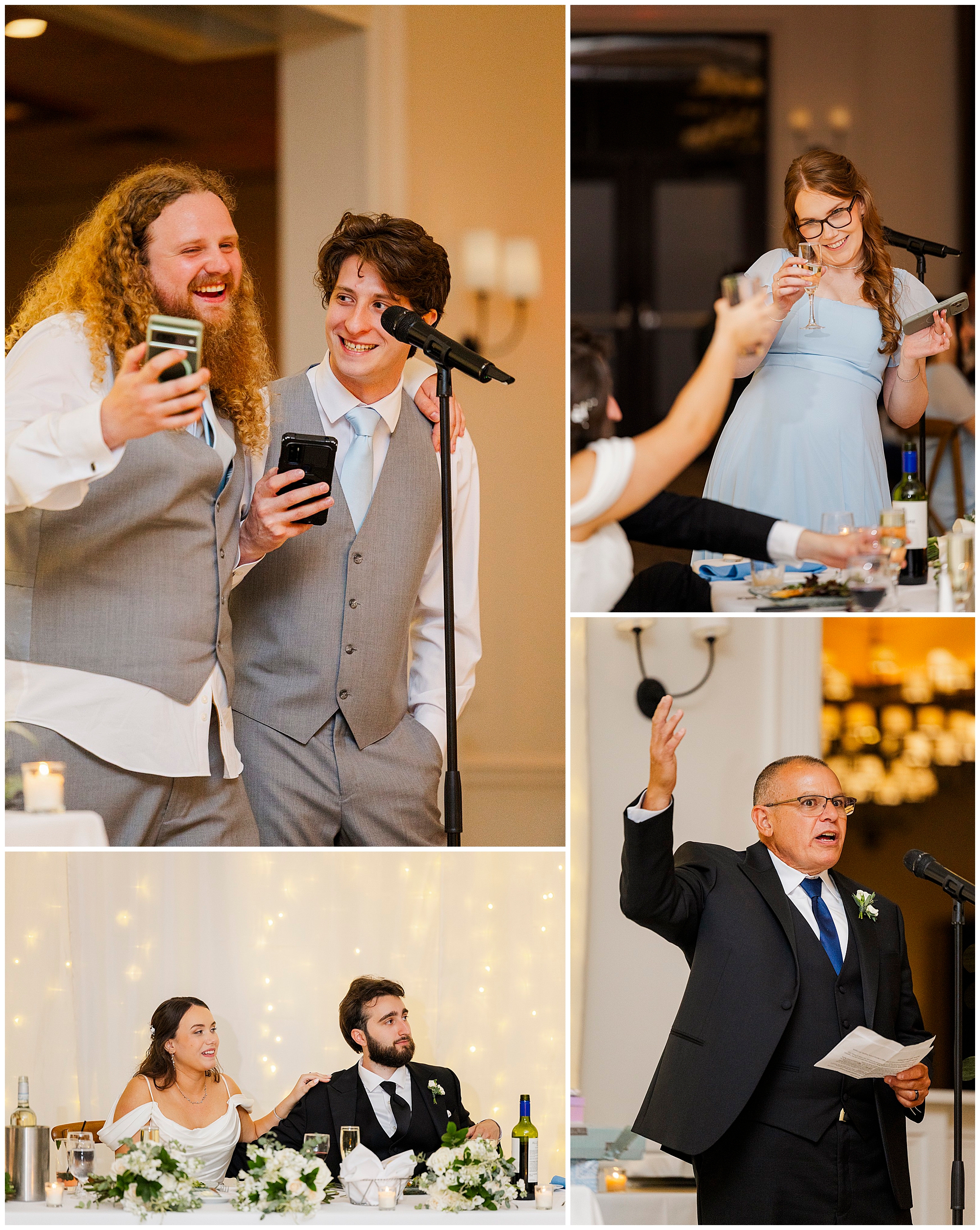 A collage of four wedding reception photos at a wedding at the Grandview: two men in vests smiling at microphones, a woman in a light blue dress giving a toast, a man in a suit speaking passionately, and a couple seated at a decorated table.