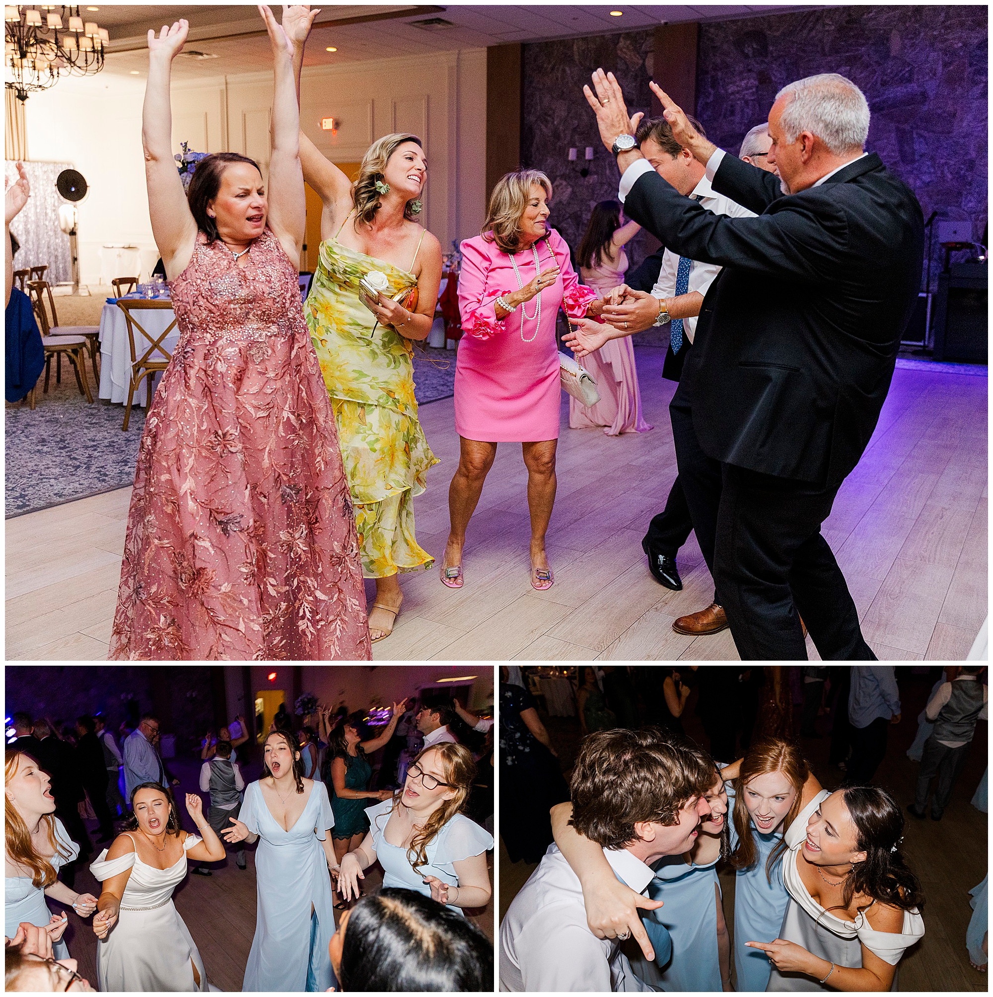 A collage of three photos shows people dressed formally, laughing, smiling, and dancing energetically at a lively indoor wedding at The Grandview celebration or reception.