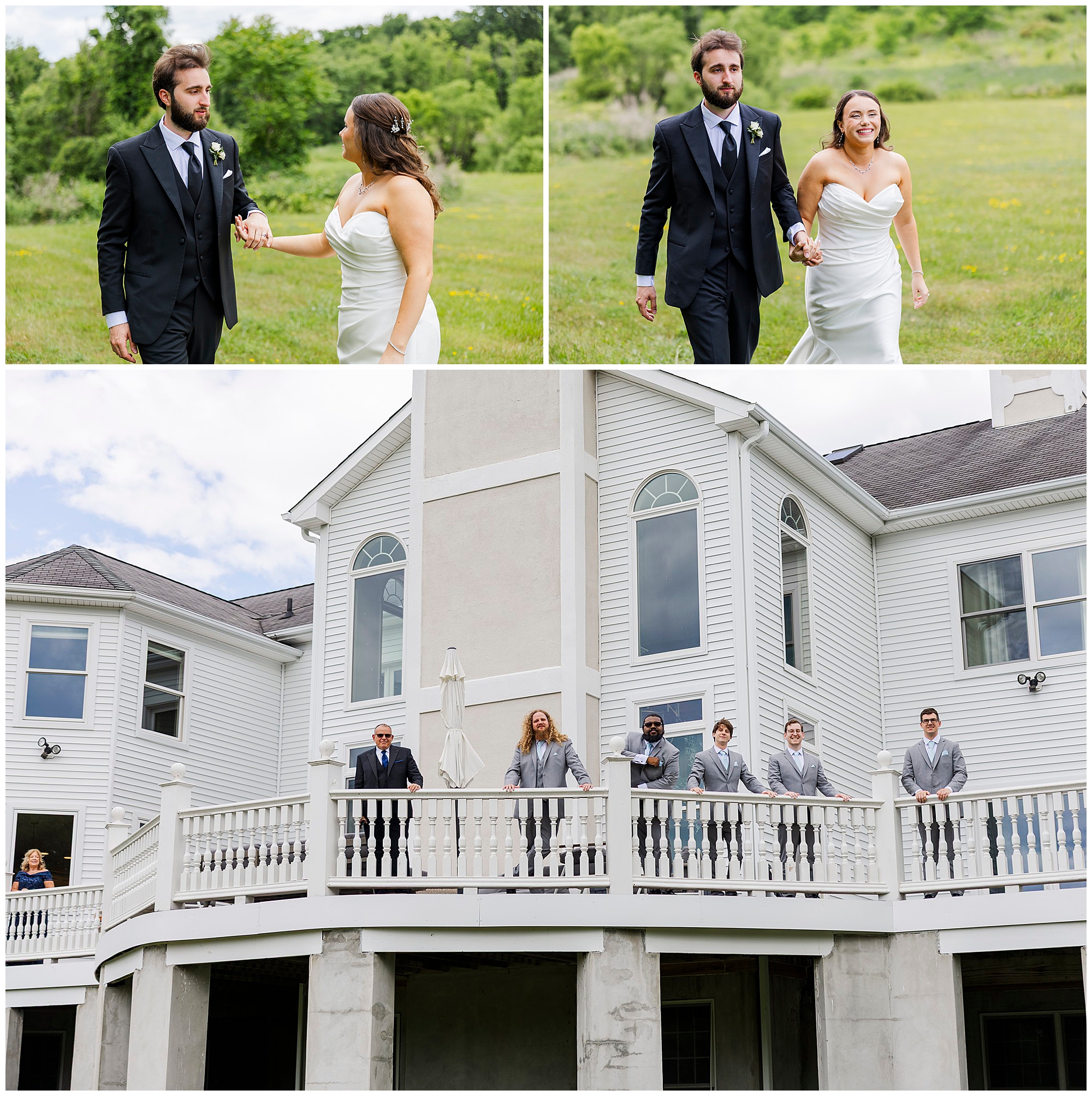 A bride and groom walk hand-in-hand outdoors in a grassy field, smiling during their wedding at The Grandview. Below, a group of people in suits and formal wear pose on the balcony of a large white house with arched windows.
