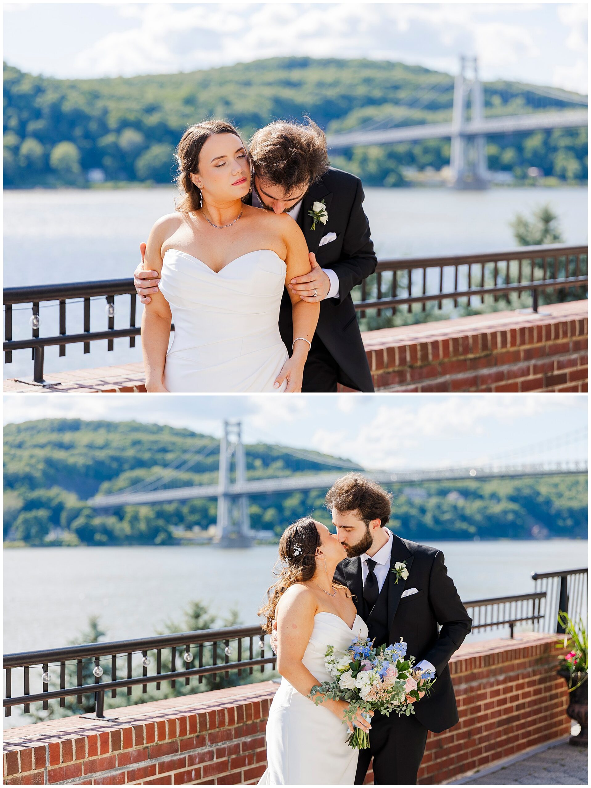 A bride and groom pose outdoors near a brick wall with a river and bridge in the background during their wedding at The Grandview. In the first image, the groom gently kisses her shoulder; in the second, they smile holding a bouquet.
