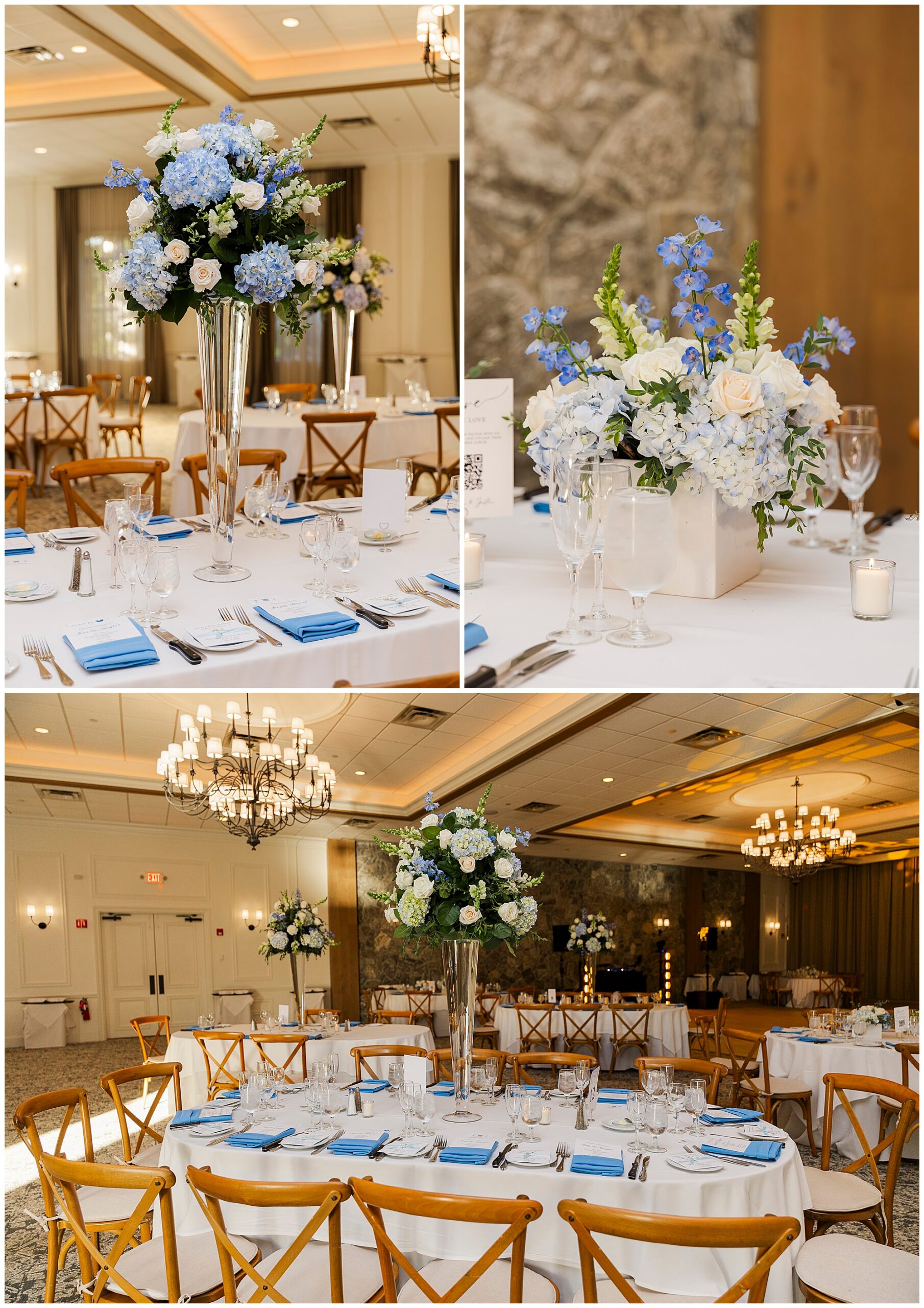Elegant wedding reception at The Grandview with round tables set for guests, featuring blue and white floral centerpieces, wooden chairs, white tablecloths, blue napkins, and warm overhead lighting in a spacious, chandelier-lit banquet hall.