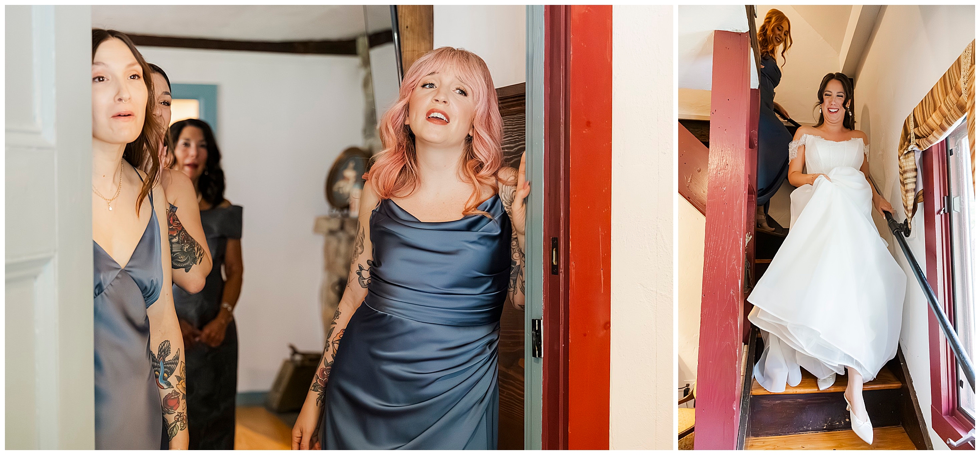 Bridesmaids in gray satin dresses react with excitement as they see the bride in a white gown walking down the stairs at this unforgettable Preston Barn wedding.