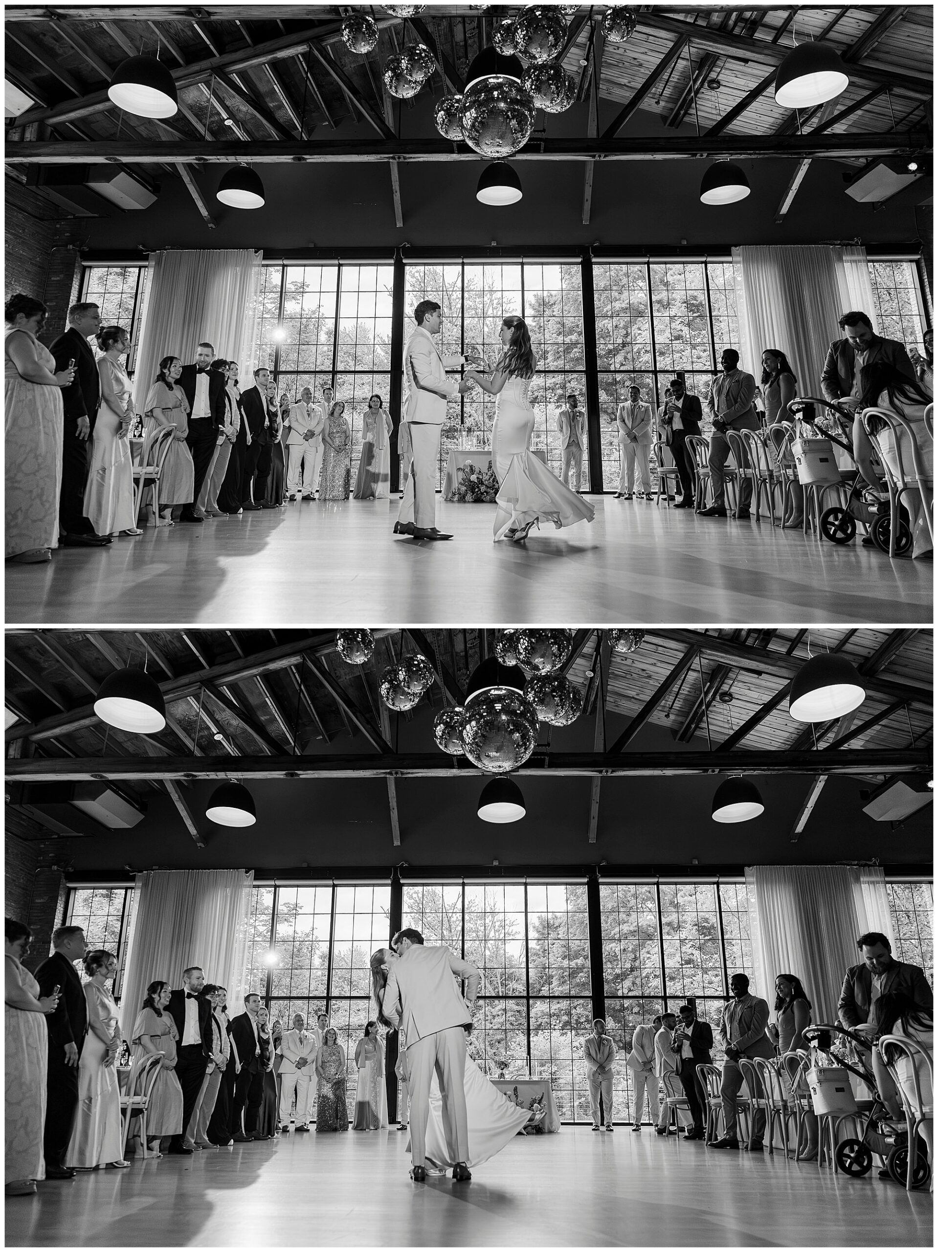 Two black-and-white wedding photos at the Roundhouse capture a couple dancing in a spacious, modern venue. Guests watch from the sides as natural light pours through large windows and disco balls shimmer above the dancers.