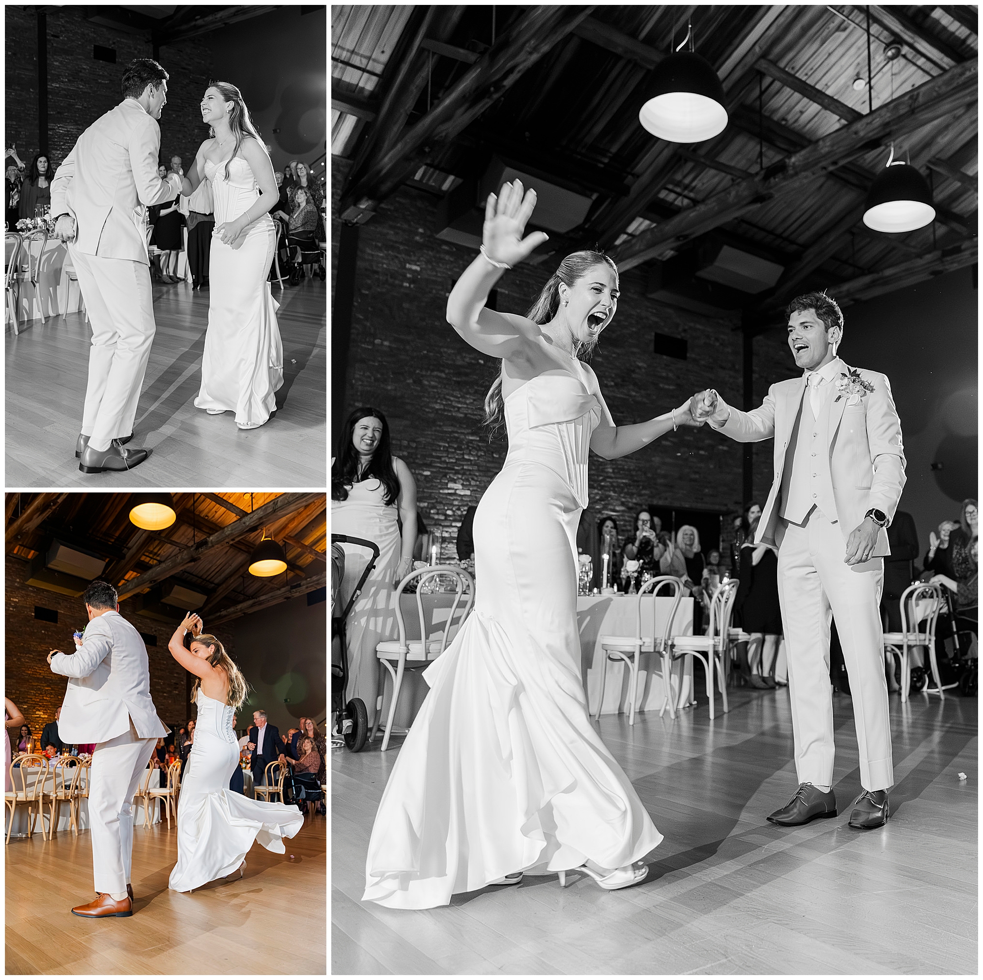 A bride and groom joyfully dance together at their wedding reception in a rustic venue. The bride wears a strapless white gown, and the groom is in a light suit—capturing unforgettable wedding photos at the Roundhouse as guests smile in the background.