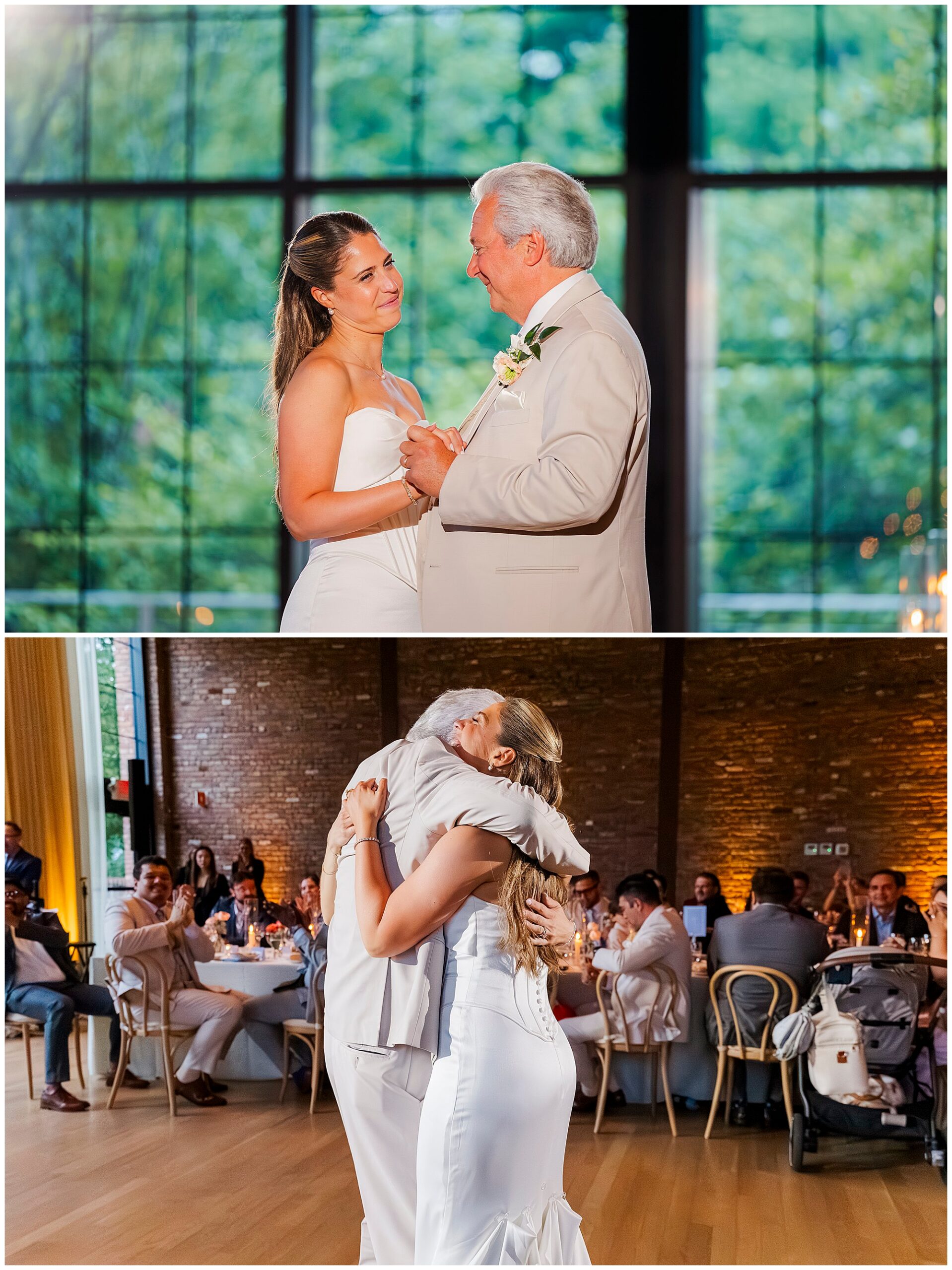 A bride in a white dress smiles and dances with an older man in a light suit at a wedding reception, then hugs him tightly—capturing heartfelt wedding photos at the Roundhouse, surrounded by seated guests in a warmly lit venue.