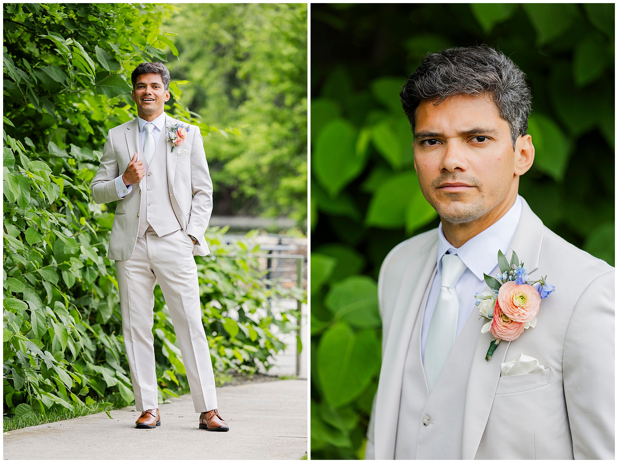A man in a light gray suit with a boutonnière poses outdoors by green foliage, captured during wedding photos at the Roundhouse. One image shows him full-length with hands in pockets; the other is a close-up as he looks at the camera.