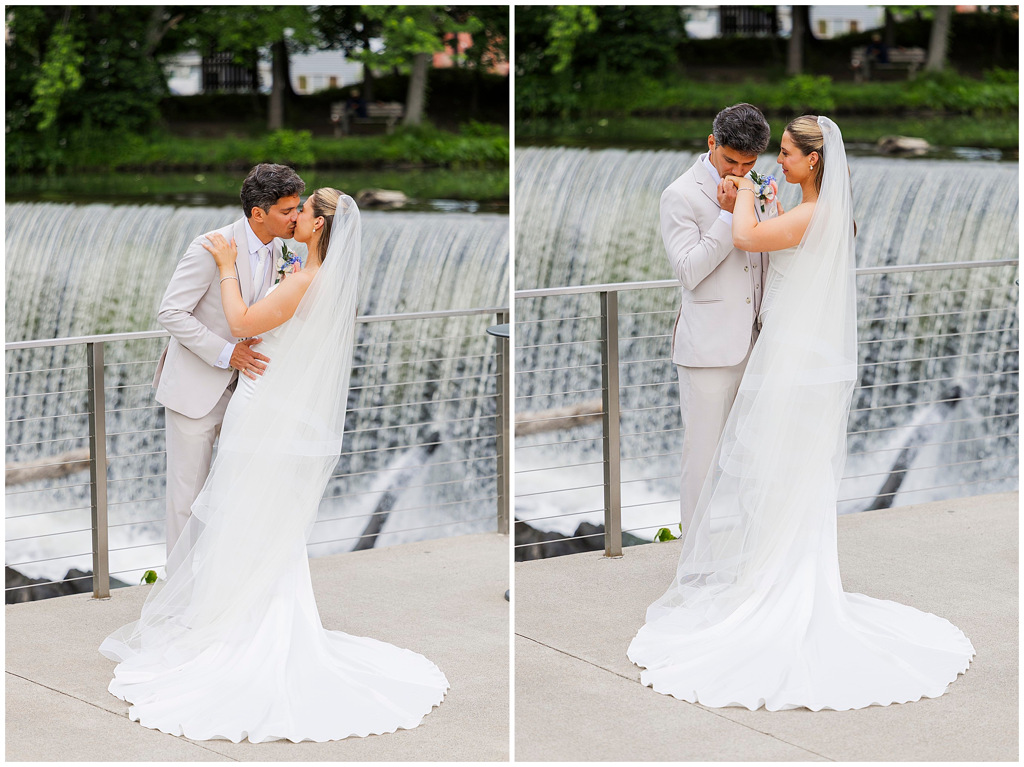 A bride and groom stand on a patio in front of a waterfall during their wedding photos at the roundhouse. In one photo, they kiss; in the other, they hold hands and gaze at each other, dressed elegantly in a white gown and light suit.