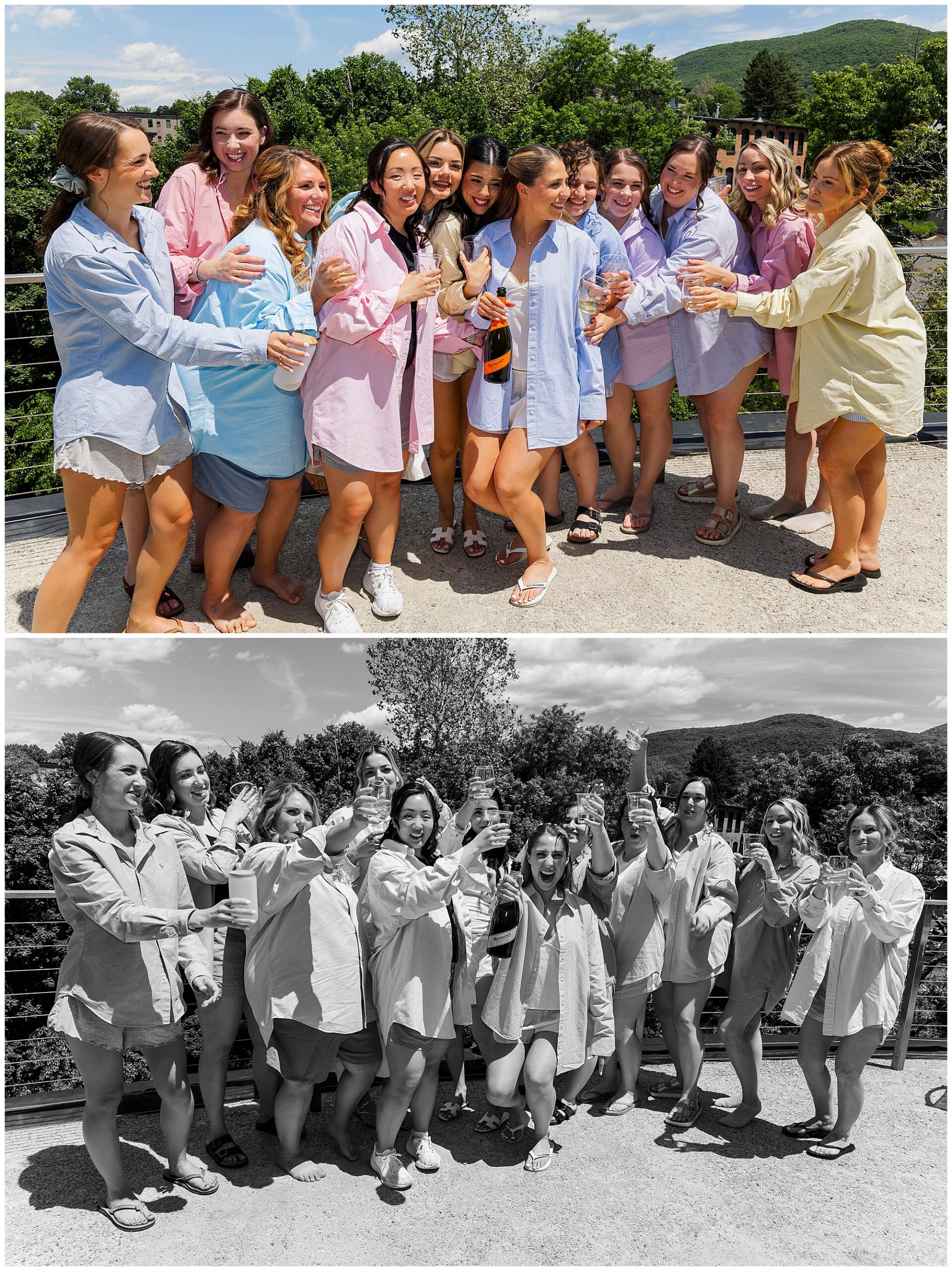 A group of women, all wearing oversized button-down shirts, stand outdoors smiling and holding drinks. The top half is in color; the bottom half is black-and-white—capturing joyful wedding photos at the Roundhouse.