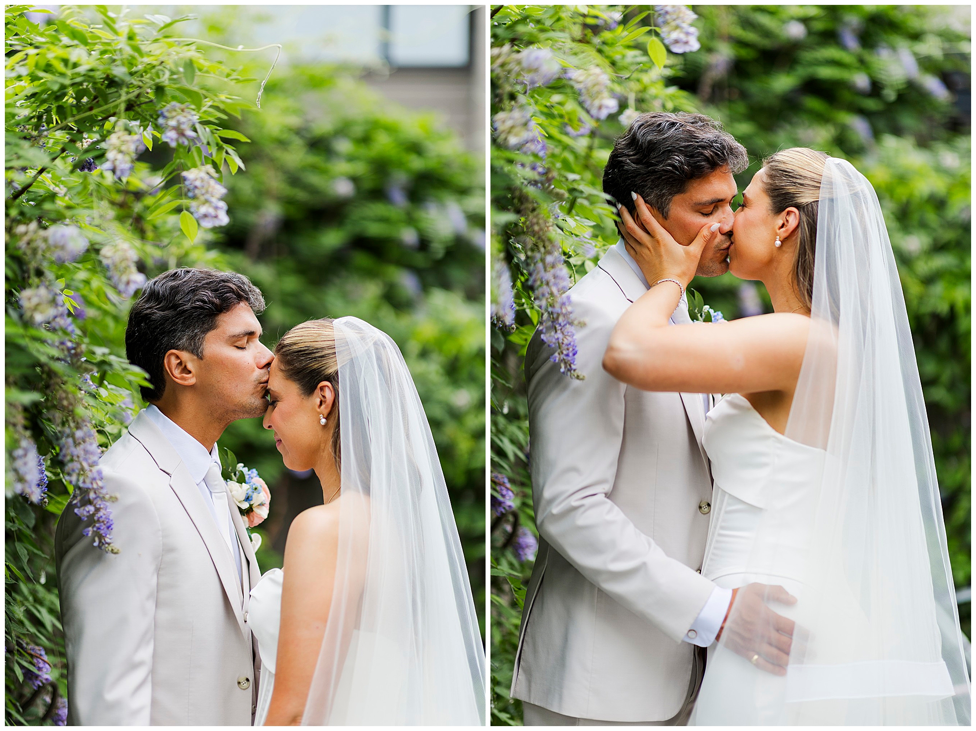 A bride and groom in white attire share intimate moments outdoors, surrounded by greenery and purple flowers. Captured as wedding photos at the Roundhouse, they kiss tenderly—forehead in one shot, cheek in the other.