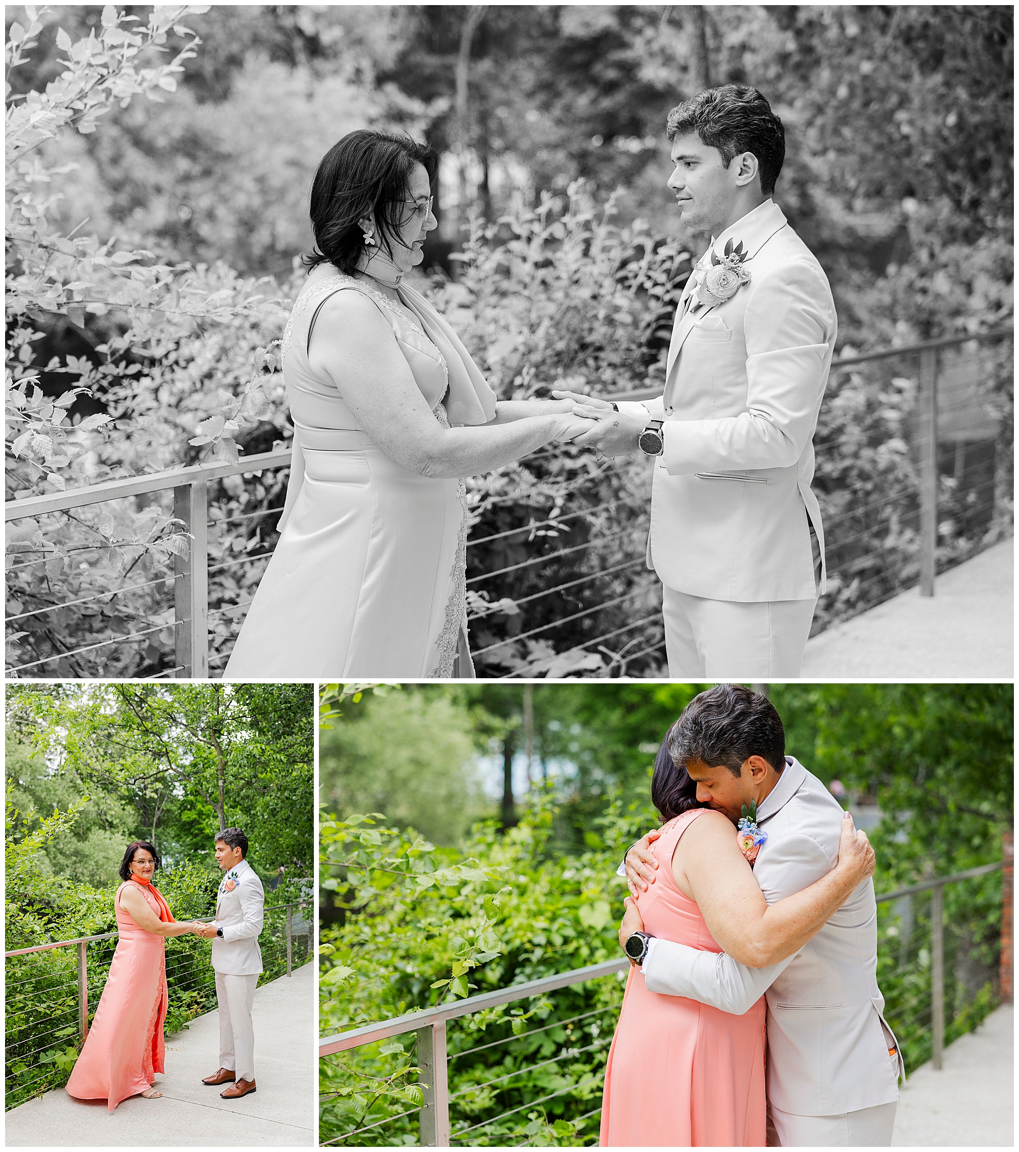 A young man in a white suit and a woman in a peach dress hold hands and hug outdoors on a leafy, sunlit walkway, sharing an emotional moment together during their wedding photos at the roundhouse.