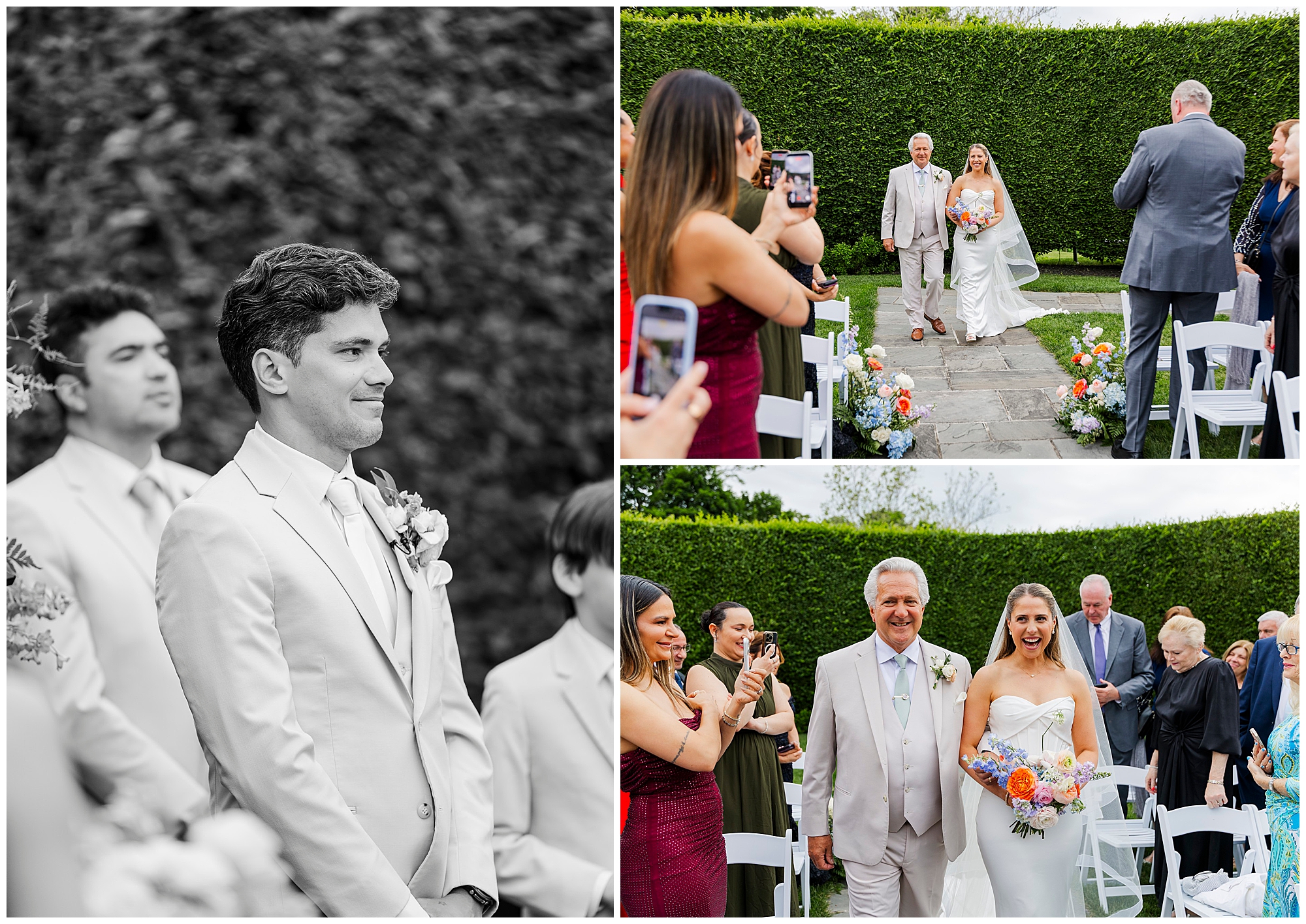 A collage of wedding photos at the Roundhouse: Left, a groom smiles as he waits; top right, a bride walks down the aisle with her father; bottom right, guests watch and take photos as the bride and her father walk together.