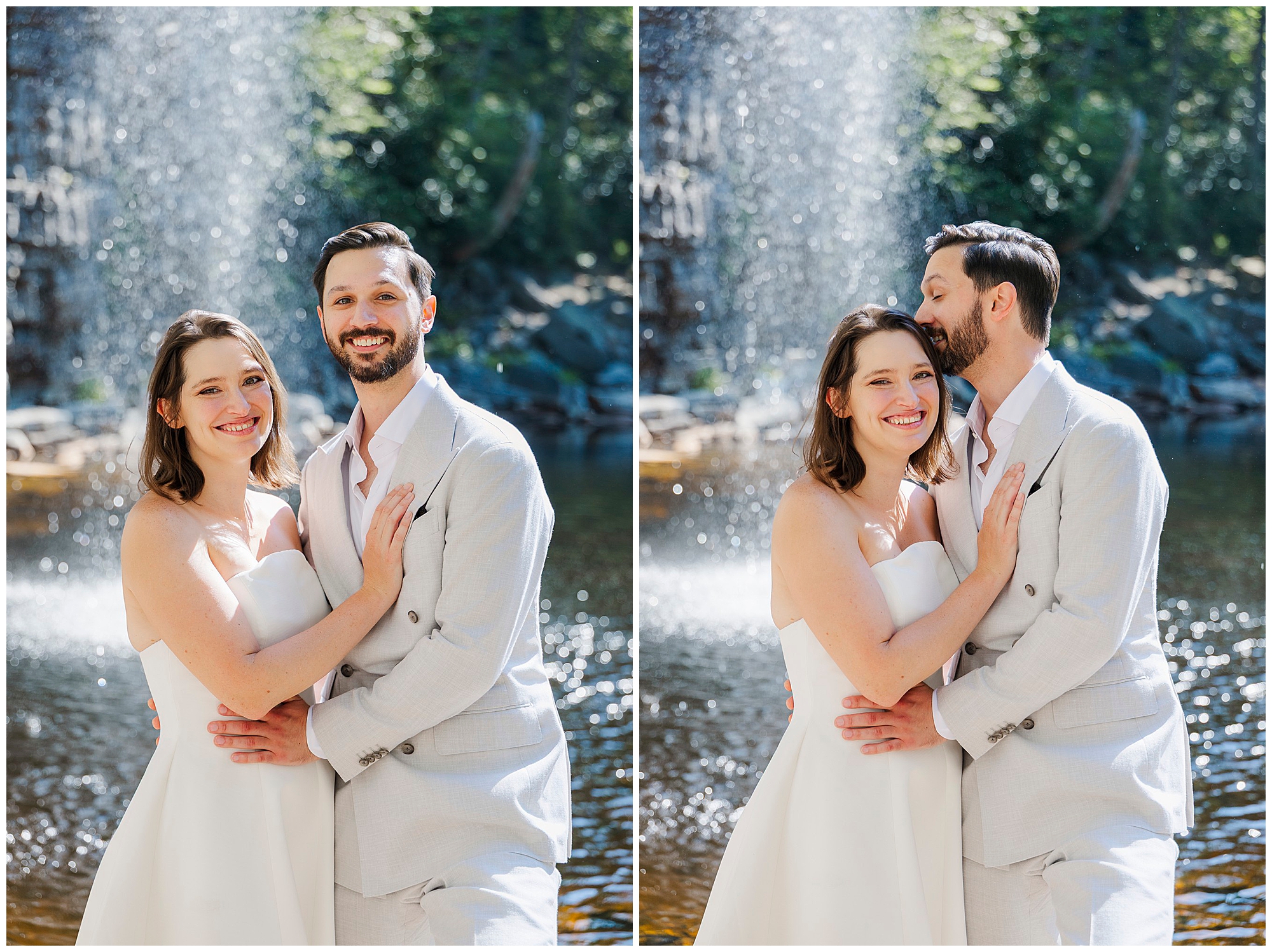 A couple in light-colored outfits stands smiling and embracing in front of a sunlit waterfall and pond during their Lake Minnewaska elopement. In one photo, the man kisses the woman’s head while she smiles at the camera.