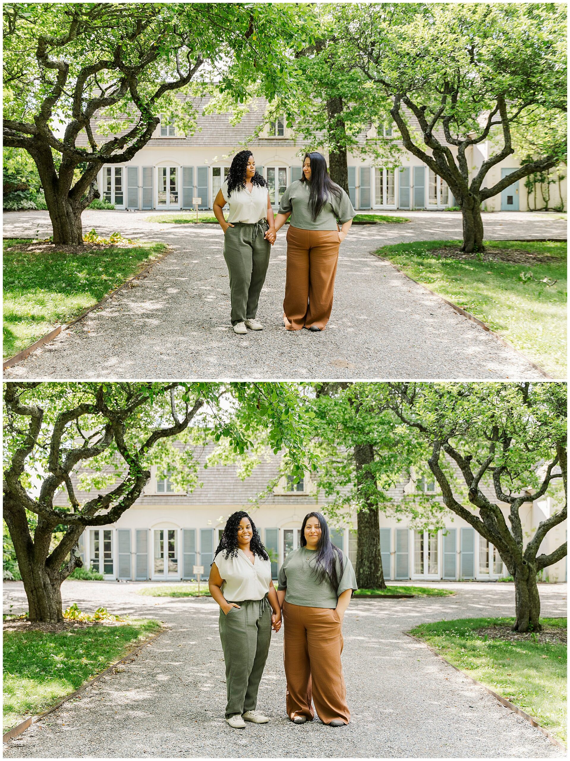 Two women pose for LGBTQ engagement photos at Stonecrop Gardens, standing on a tree-lined path before a white house with blue shutters—one photo shows them smiling and holding hands, the other side by side facing the camera.