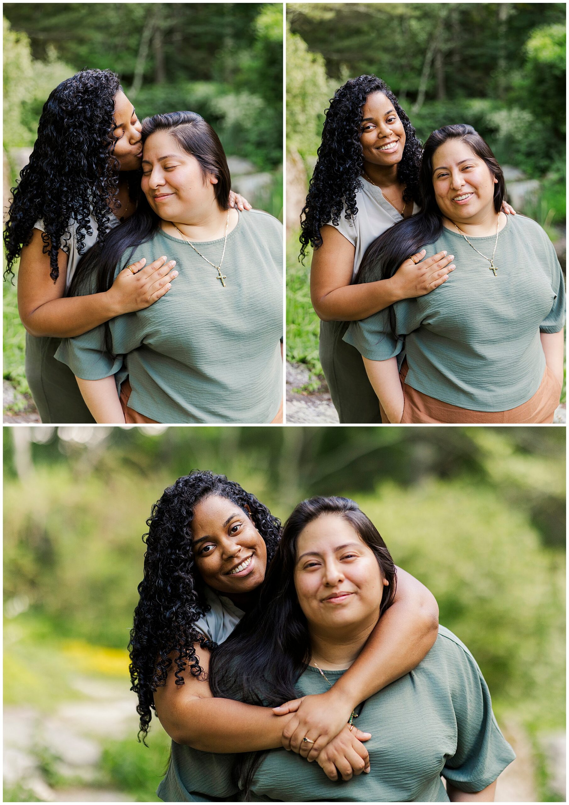A collage of LGBTQ engagement photos at Stonecrop Gardens: in the top left, one woman kisses the other's head; in the top right and bottom, they stand close, one hugging the other from behind, both smiling against a lush green backdrop.