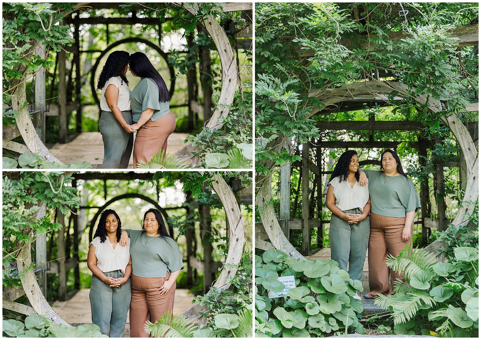A couple poses in a lush, green garden. In these LGBTQ engagement photos at Stonecrop Gardens, they hold hands face to face, share a forehead kiss, and smile under a wooden archway.