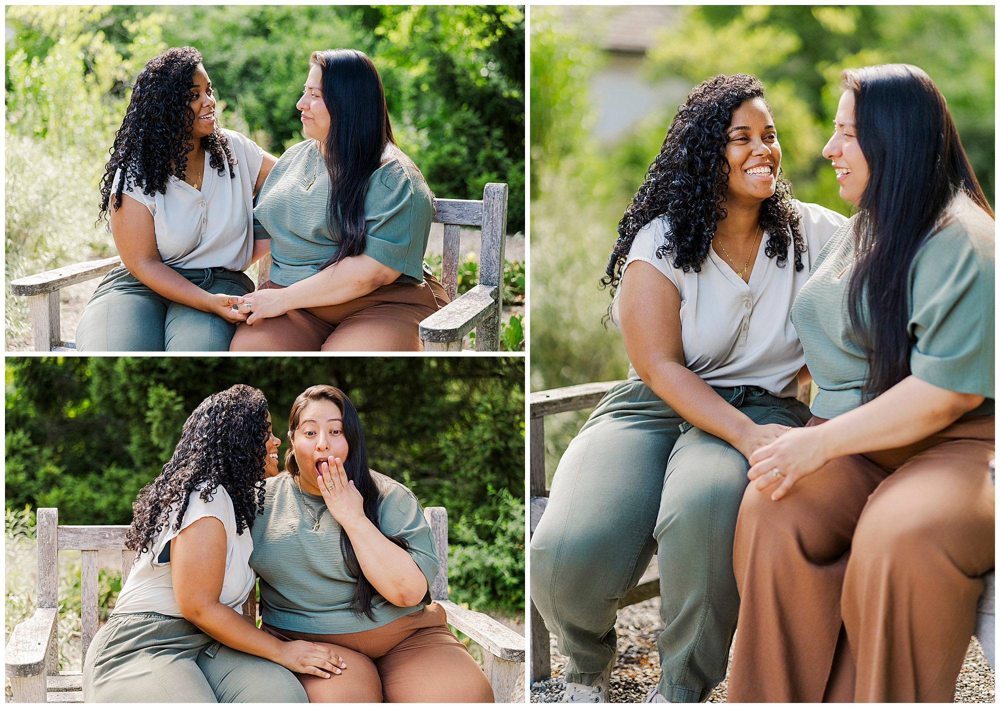 Two women sit close together on a wooden bench outdoors, smiling and laughing during their LGBTQ engagement photos at Stonecrop Gardens. In one photo, one woman kisses the other’s cheek, prompting a surprised and amused reaction in the bright, green setting.