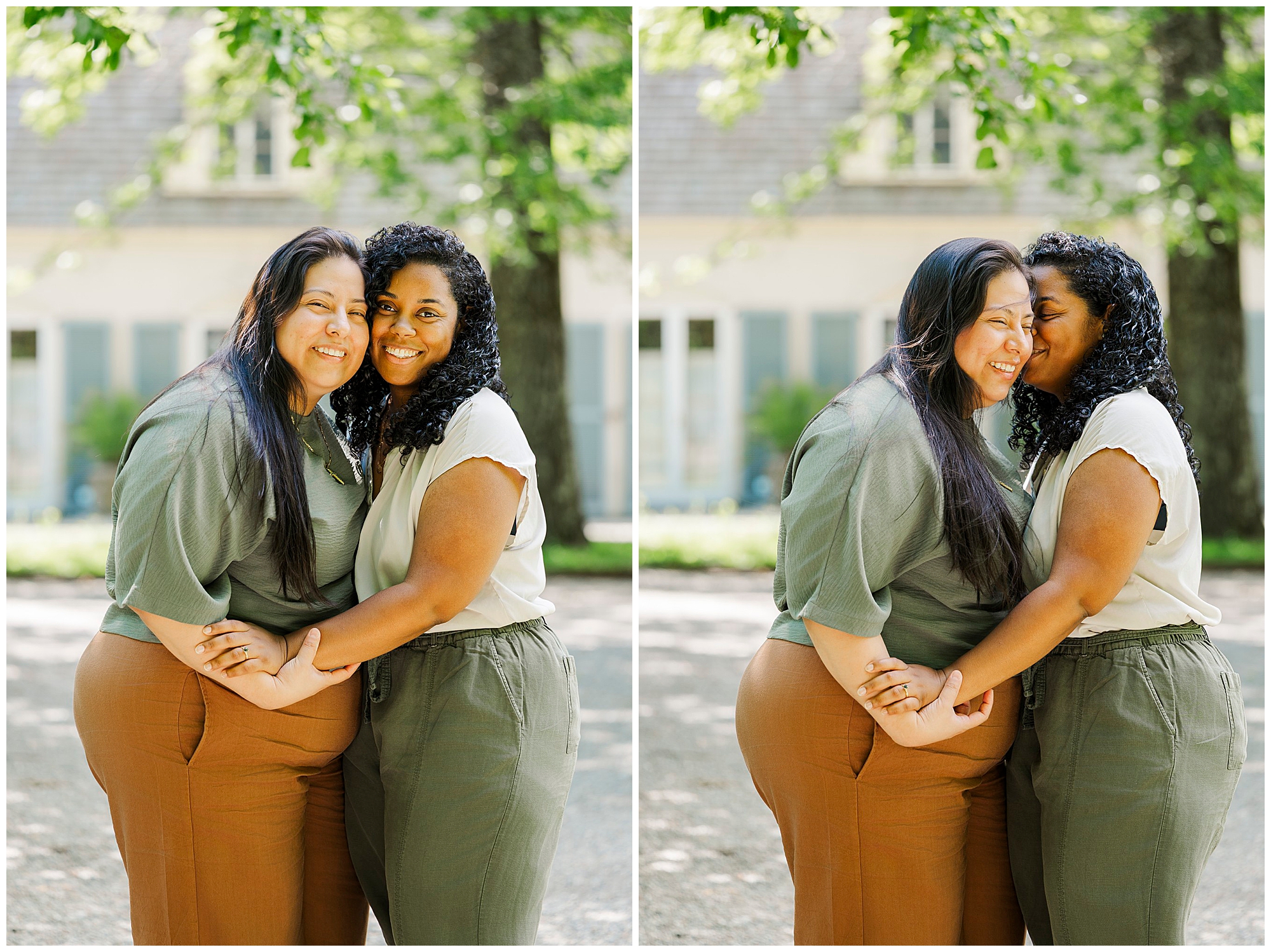 Two women stand close together outside, smiling and holding hands. In the second photo, one woman kisses the other on the cheek—both appearing happy and affectionate during their LGBTQ engagement photos at Stonecrop Gardens.