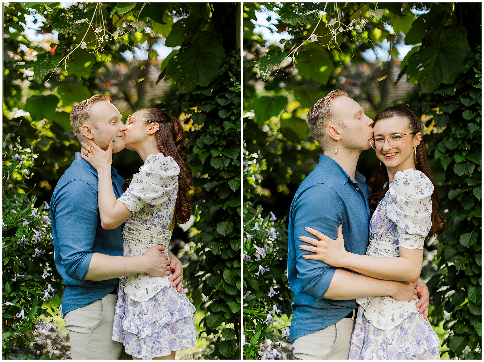 A couple stands outdoors among greenery in their engagement pictures at Stonecrop Gardens. In the left photo, the woman kisses the man’s cheek; in the right, he kisses her forehead as they smile and embrace, both wearing summery outfits.