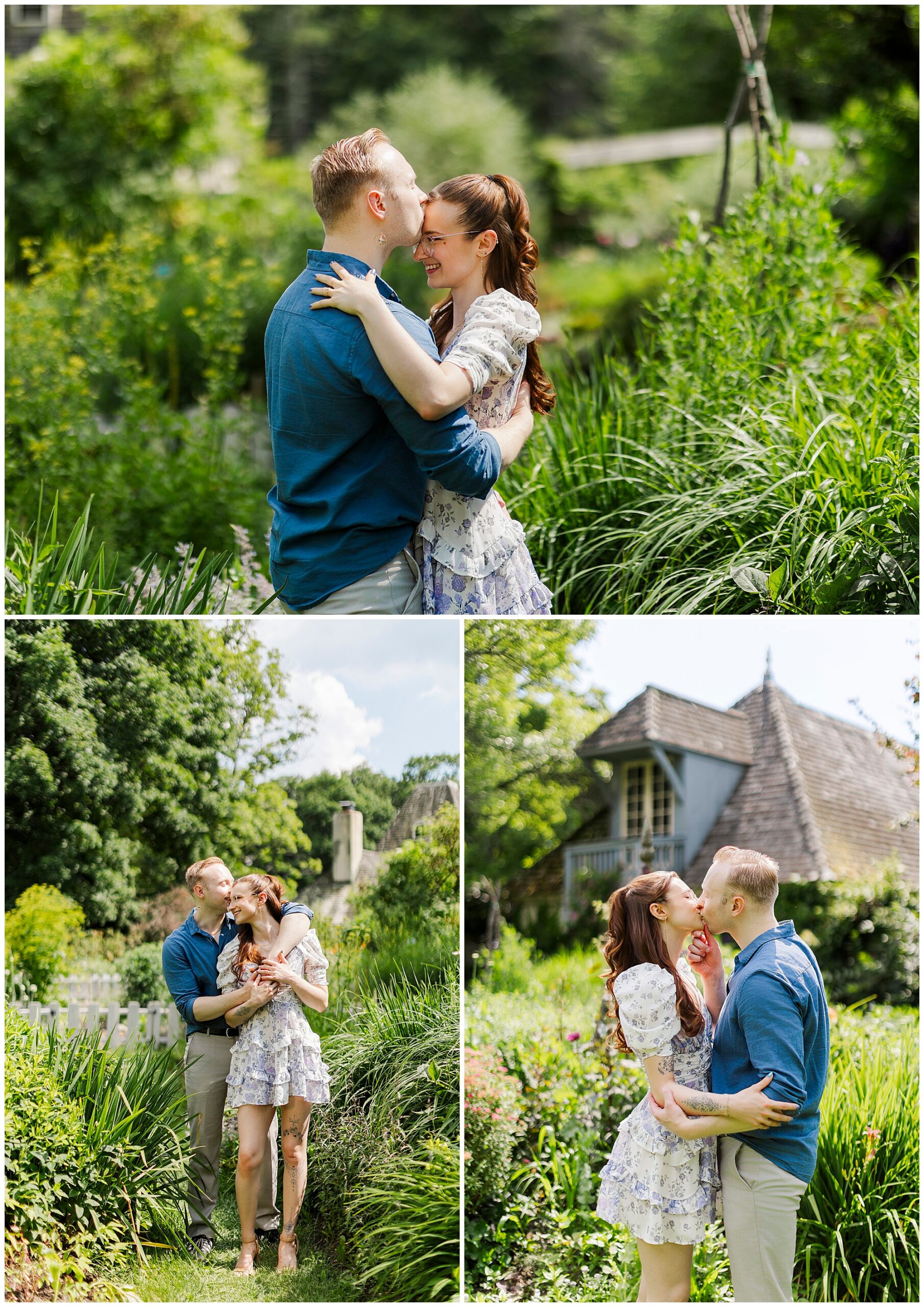 A couple embraces and smiles at each other in a lush, green garden. Surrounded by tall grass, flowers, and a rustic house, they appear happy and affectionate—capturing beautiful engagement pictures at Stonecrop Gardens outdoors.