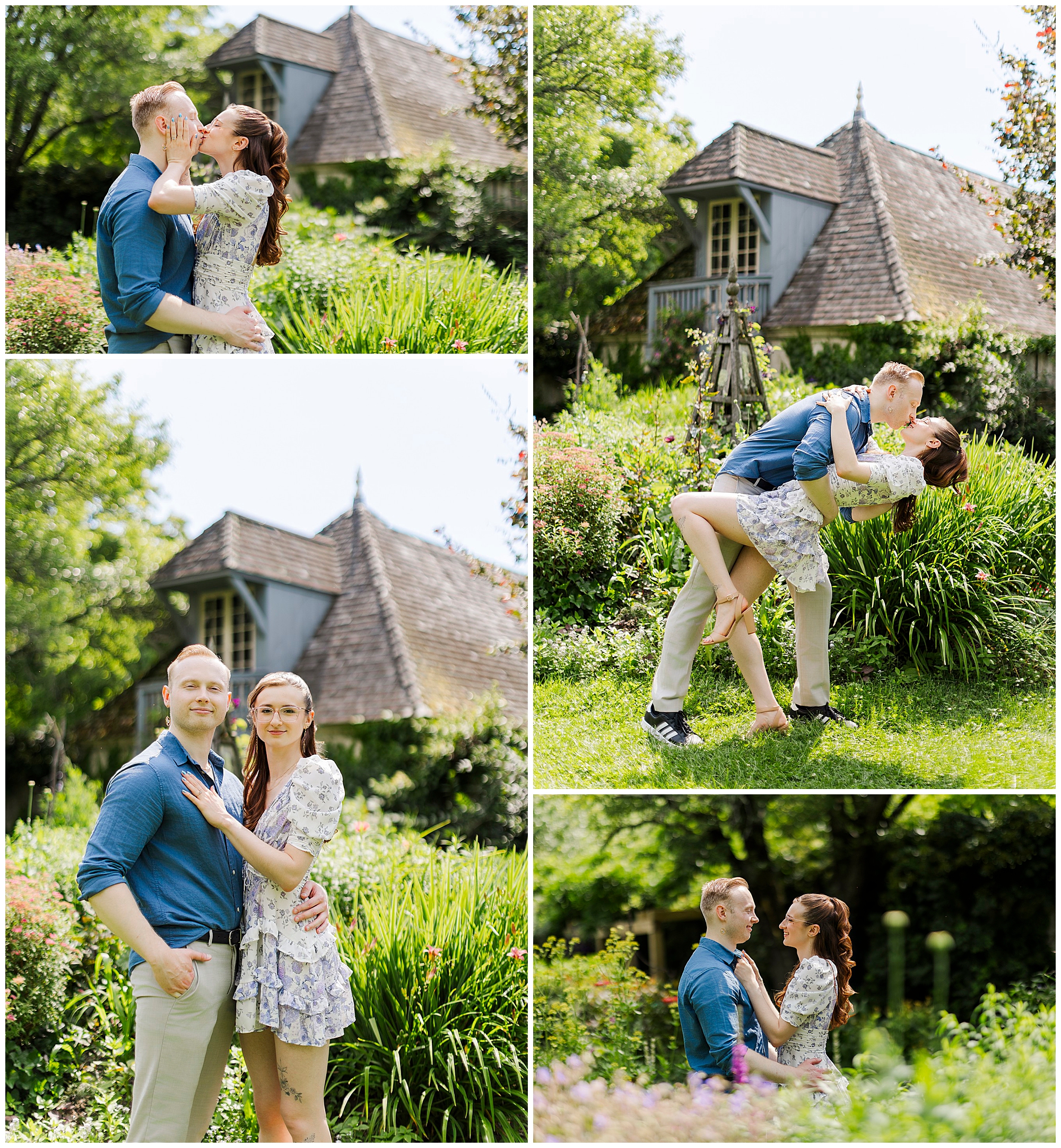 A couple poses playfully and affectionately in a lush garden with a quaint wooden cottage in the background, sharing smiles, embraces, and laughter on a sunny day—perfect engagement pictures at Stonecrop Gardens.