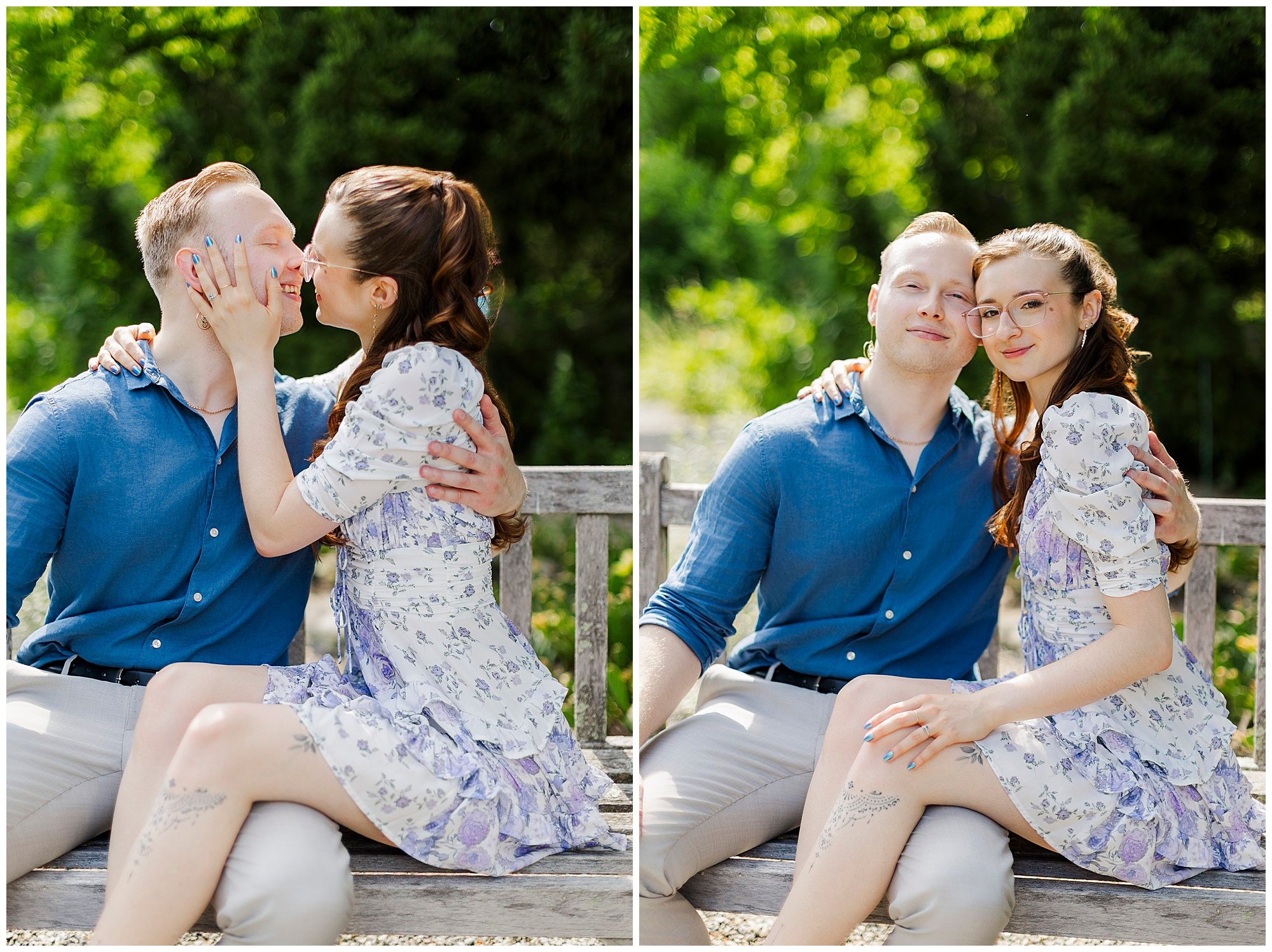 Two photos side by side capture a couple sitting on a wooden bench outdoors for their engagement pictures at Stonecrop Gardens. In one, she kisses his cheek; in the other, they smile warmly at the camera with his arm around her shoulders.