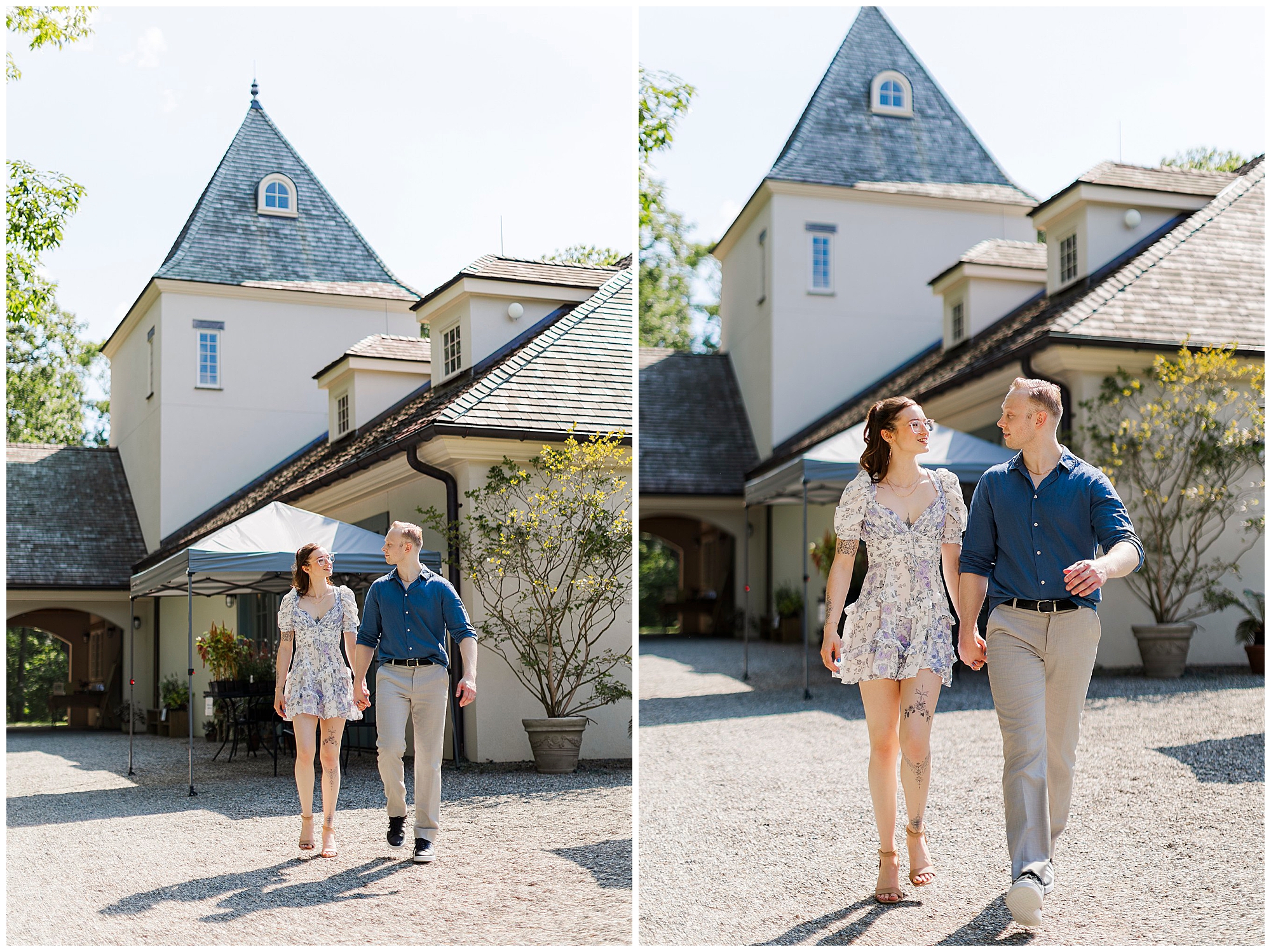 A couple holds hands and walks together outside a light-colored house with a steep roof, dressed in light, summery clothes—smiling at each other on a sunny day, perfect for engagement pictures at Stonecrop Gardens.