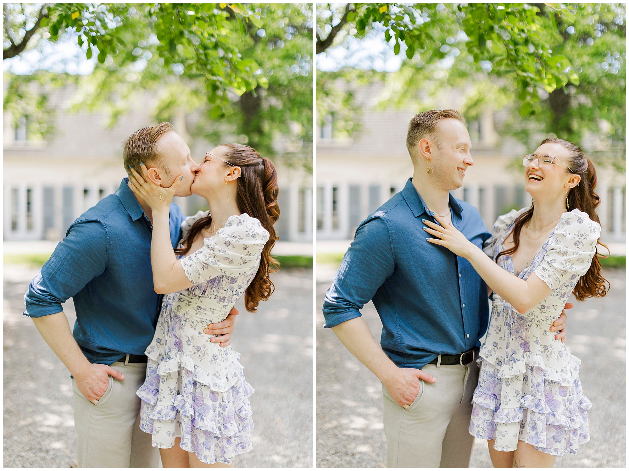 A couple stands outdoors in front of a building, smiling and laughing during their engagement pictures at Stonecrop Gardens. In the left image, the woman kisses the man's cheek while holding his face; in the right, they both smile happily together.