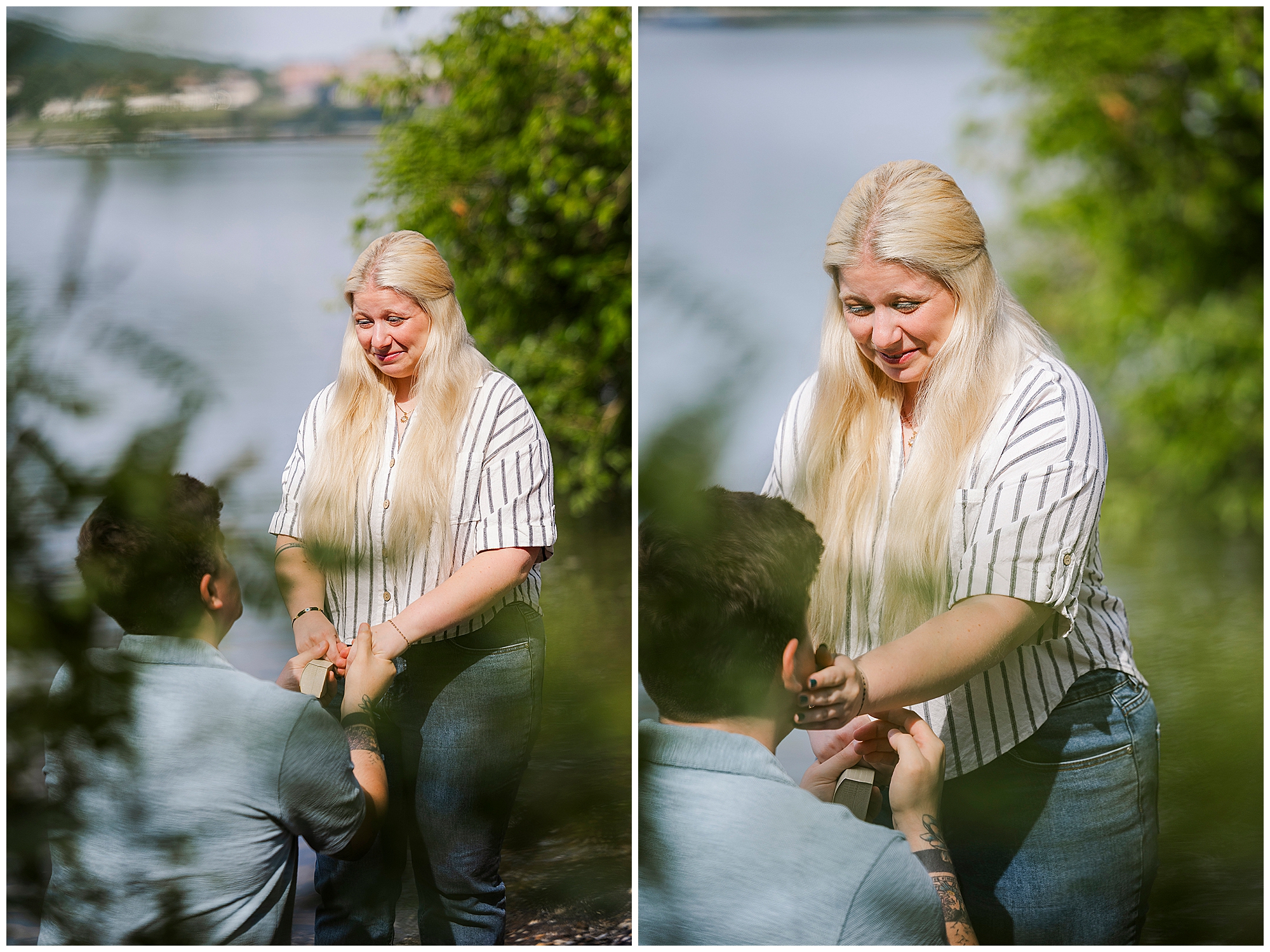 A man kneels and proposes to a woman with long blonde hair by a lakeside, holding her hands. Reminiscent of stunning beach proposal photos, the woman appears emotional and happy, surrounded by lush greenery.