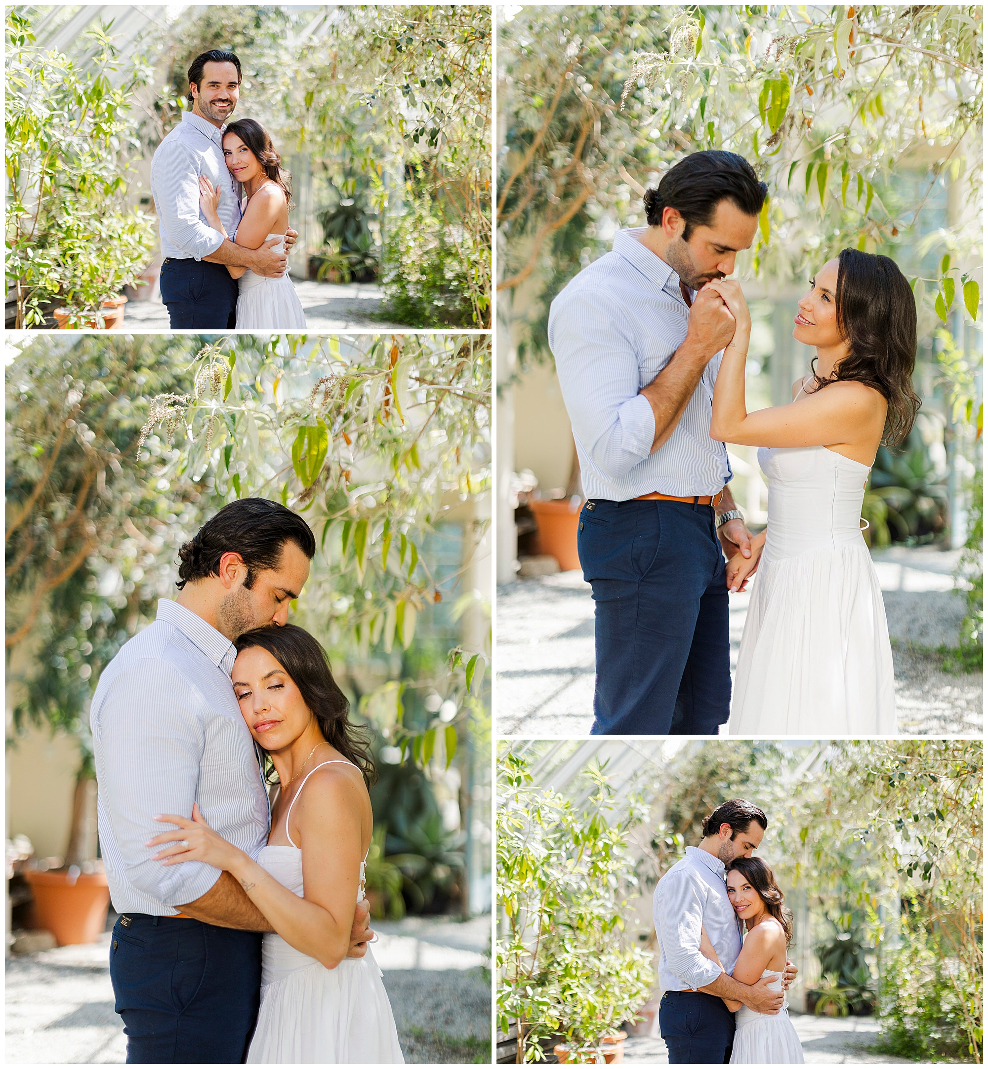 A couple in light clothing embraces and smiles in a sunlit garden with lush greenery during their Engagement Photo Session at Stonecrop Gardens. The man kisses the woman’s hand, and they look happy and affectionate in several poses.