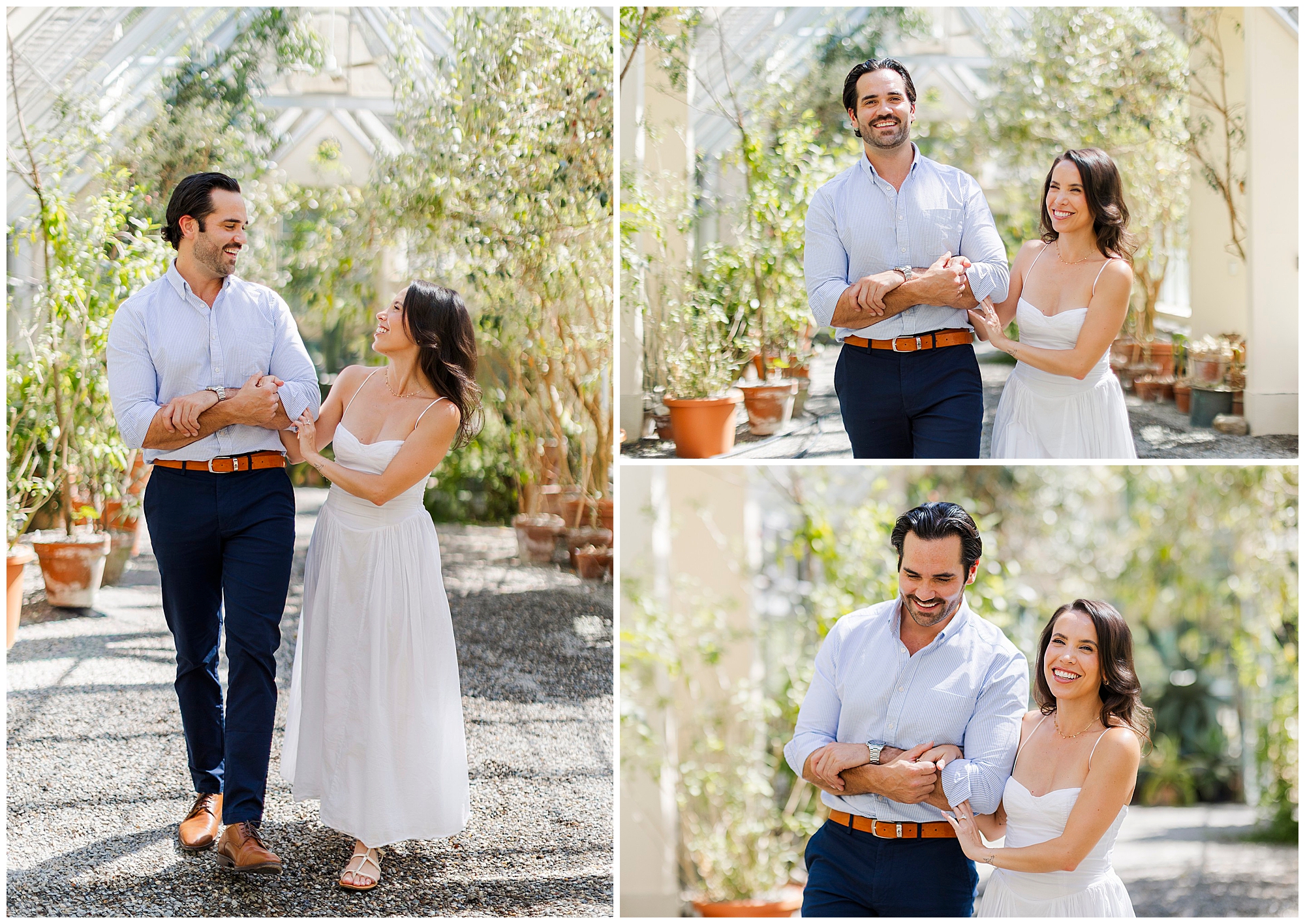 A couple in light, airy clothing walks and smiles together inside a sunlit greenhouse filled with potted plants at Stonecrop Gardens, sharing a joyful moment during their engagement photo session.