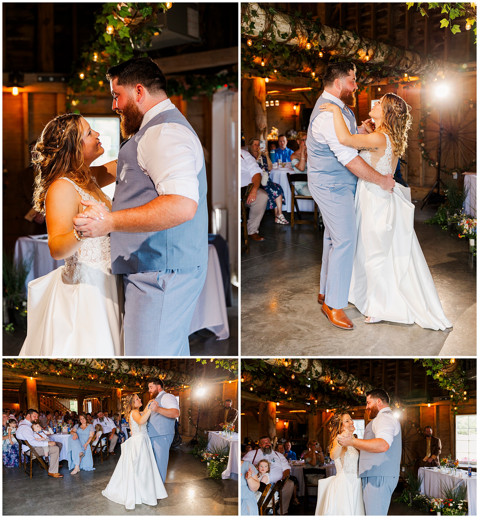 Four photos show a bride and groom dancing together at their wedding reception in a warmly lit rustic venue at Knotting Hill Farm, surrounded by guests who watch and celebrate their first dance.