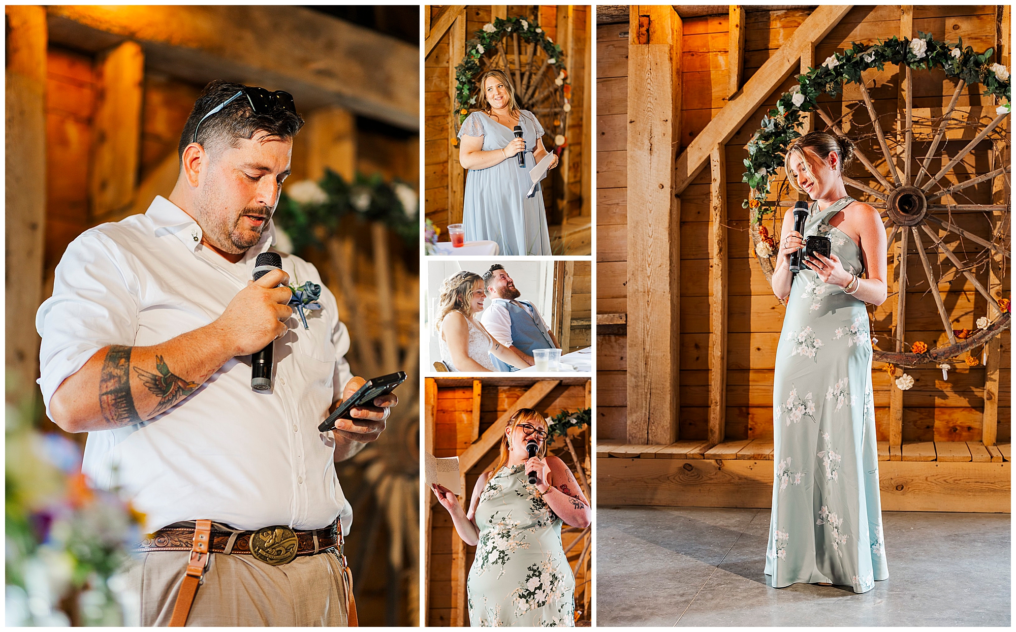 A collage shows people in formal attire giving speeches with microphones at a rustic venue, featuring wood walls and a decorative wagon wheel with greenery—capturing the charming ambiance of a Knotting Hill Farm wedding. Two women sit and smile in one panel, highlighting joyful moments from the celebration.