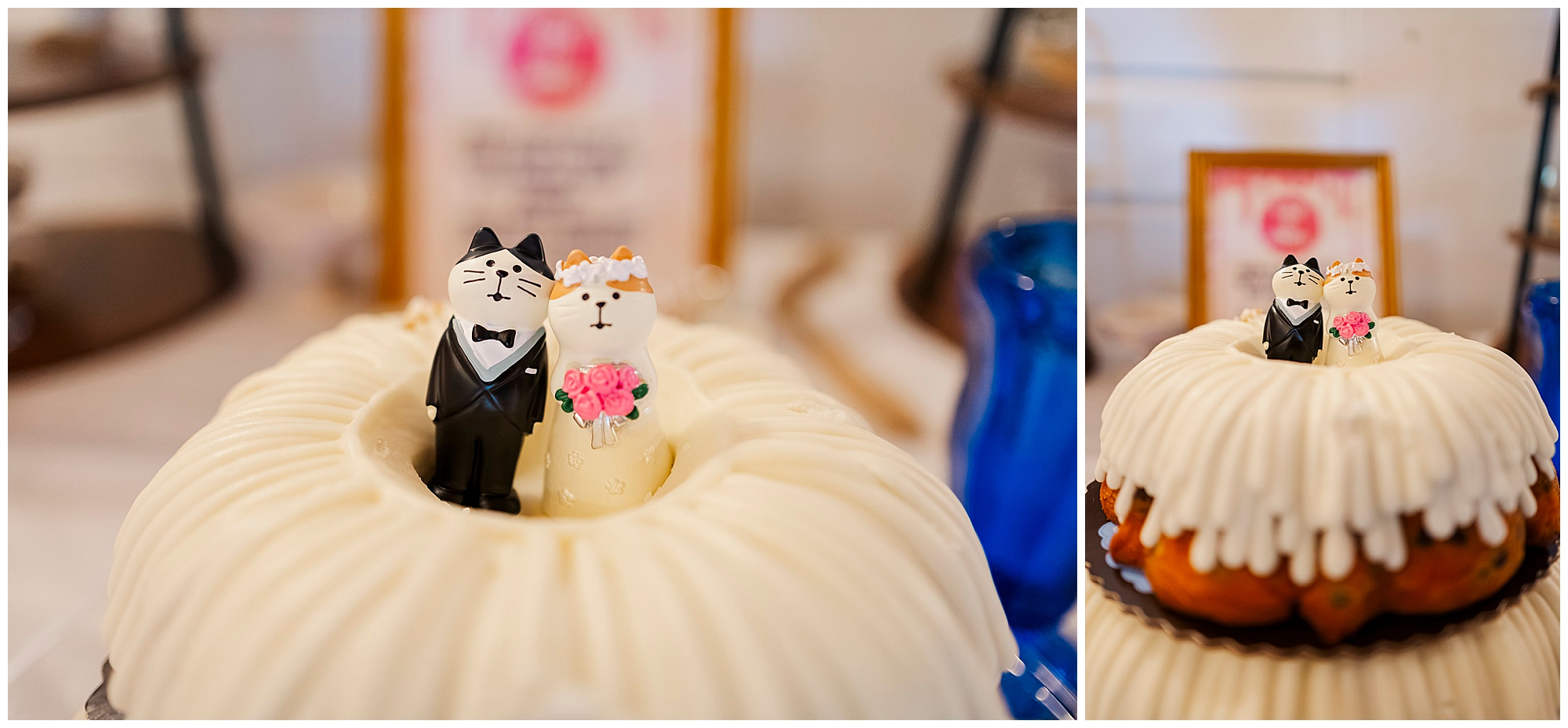 Two bundt cakes with white icing feature cat bride and groom figurines as toppers, dressed in wedding attire and holding pink flowers. Perfect for a Knotting Hill Farm wedding, the background is softly blurred to highlight the charming details.