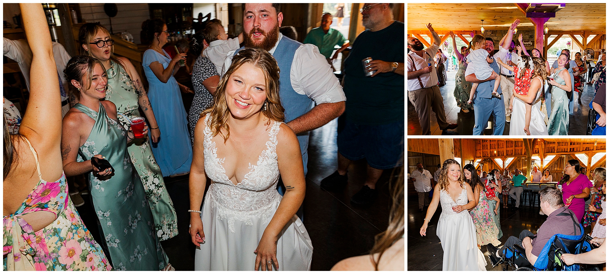 A bride in a white dress dances and smiles at a lively indoor wedding reception at Knotting Hill Farm, with guests celebrating around her.
