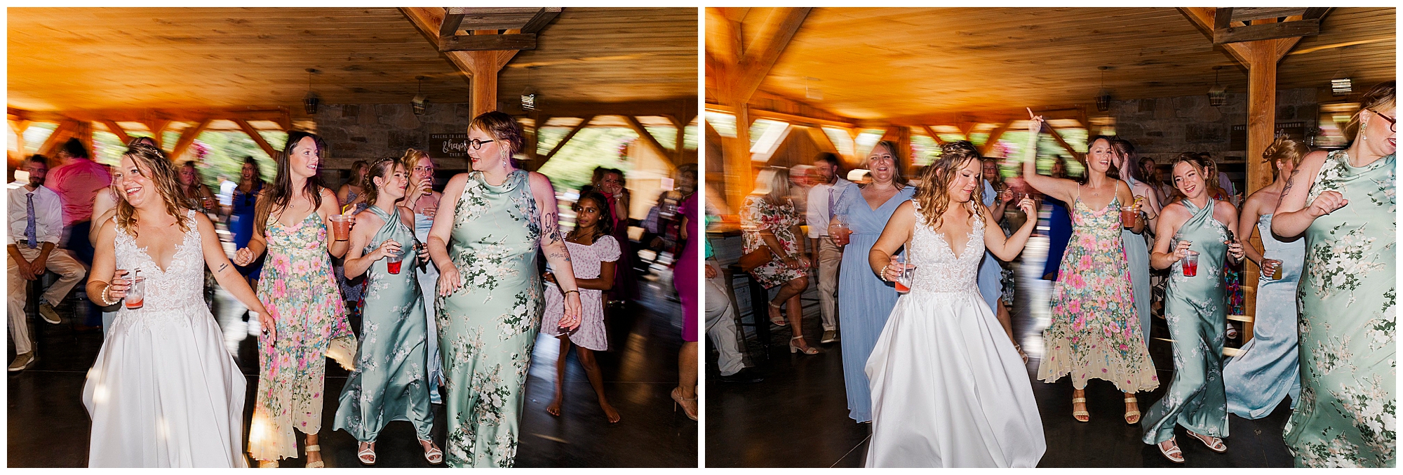 Two photos side by side show a bride and bridesmaids in floral dresses dancing and smiling at a lively indoor Knotting Hill Farm wedding reception with wooden beams and guests in the background.
