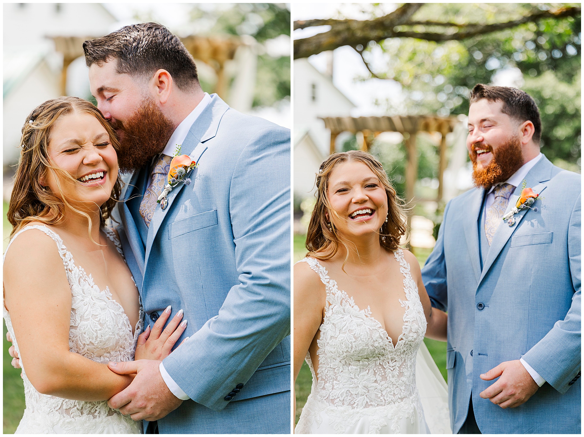A happy bride and groom in light blue suits laugh and smile outdoors on their wedding day at Knotting Hill Farm, standing close together with greenery and white buildings in the background.