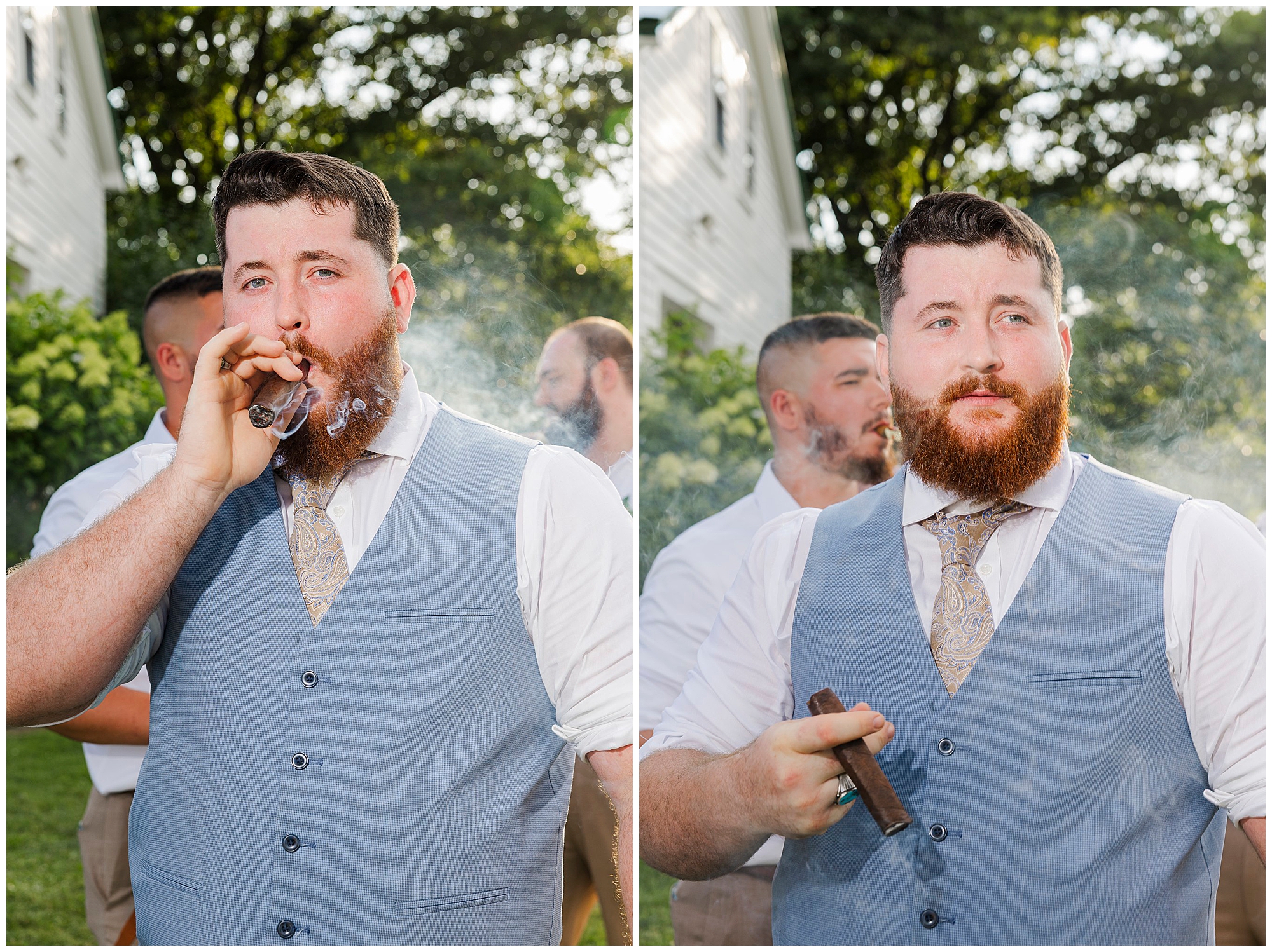 Two-panel photo of a bearded man in a blue vest and tie smoking a cigar outdoors at a Knotting Hill Farm wedding, with other men in the background. Sunlight and greenery are visible.