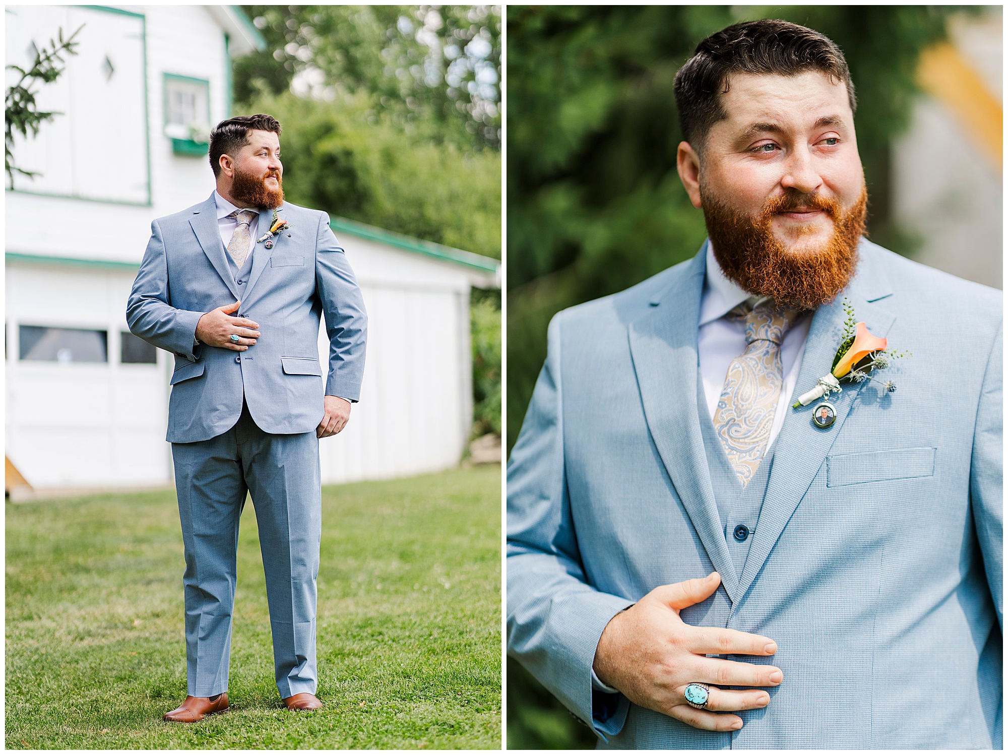 A man with a red beard wearing a light blue suit, patterned tie, and boutonniere poses outside on grass in front of a white building with green trim at a picturesque Knotting Hill Farm wedding.
