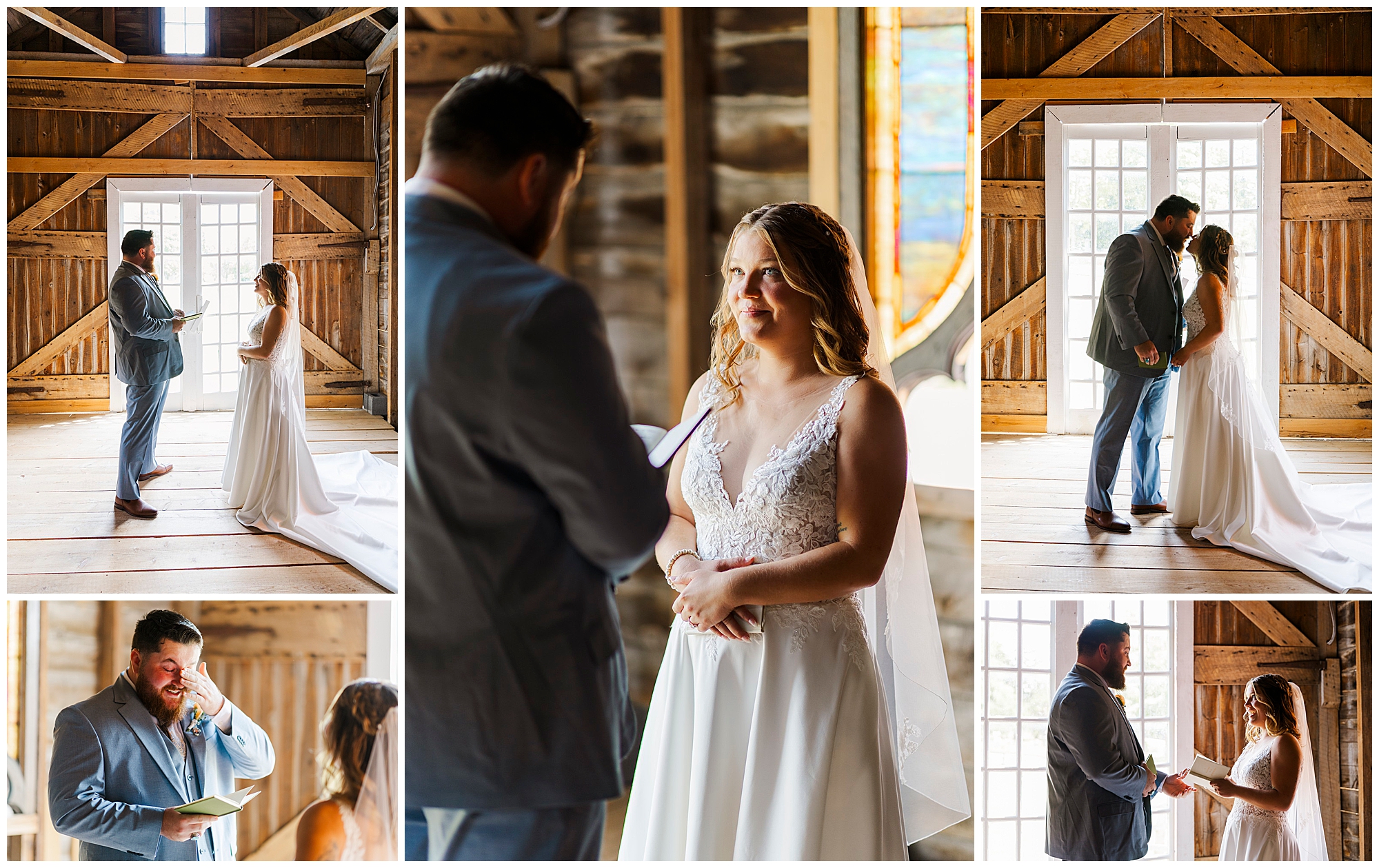 A collage of a bride and groom at a Knotting Hill Farm wedding in a rustic, sunlit barn, sharing vows, smiling, and holding hands. The groom wipes away tears as the bride looks lovingly at him in her white dress.