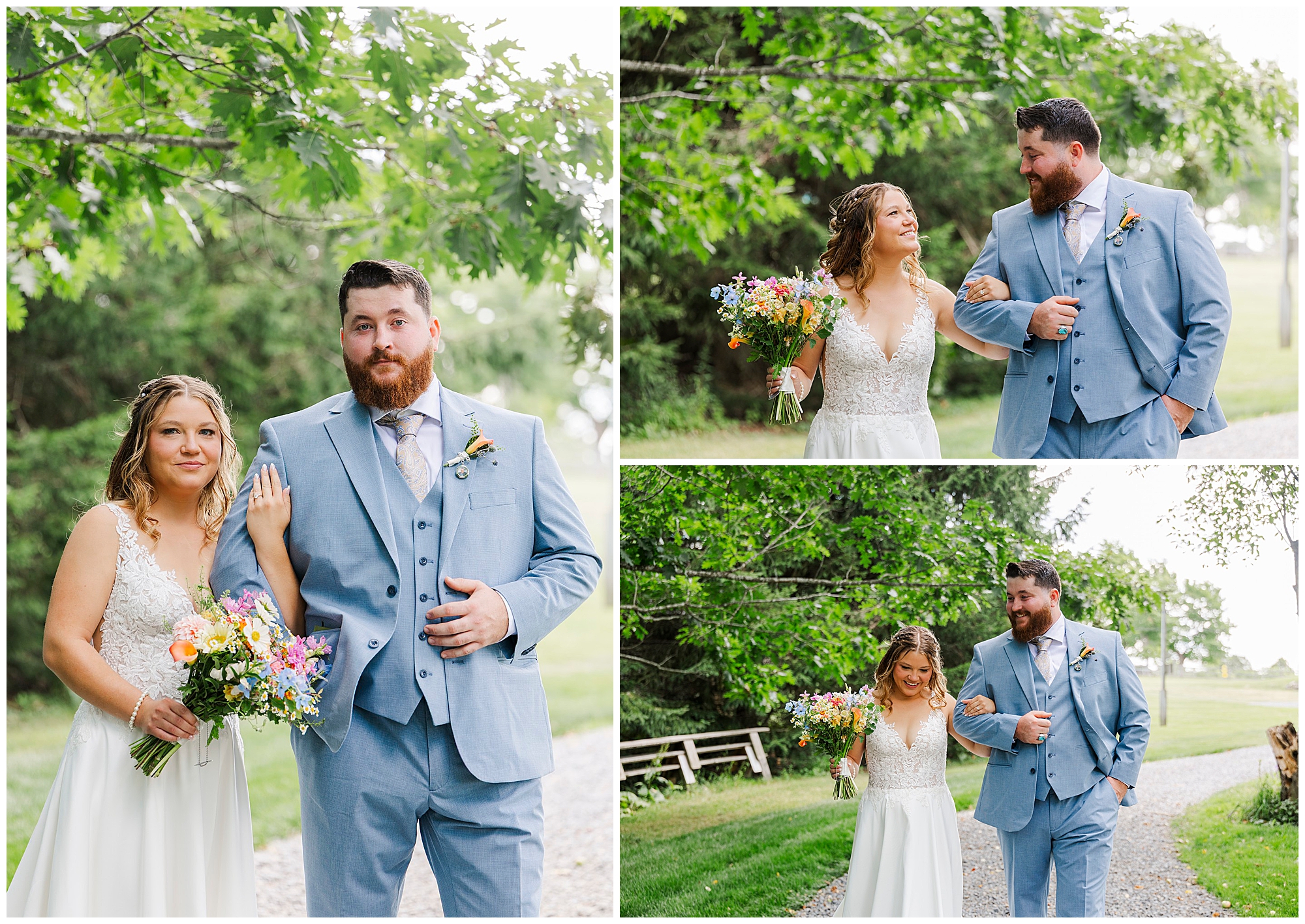A bride and groom walk outdoors at their Knotting Hill Farm wedding, smiling and holding hands. The groom wears a light blue suit, and the bride holds a colorful bouquet. Lush greenery surrounds them on a gravel path.
