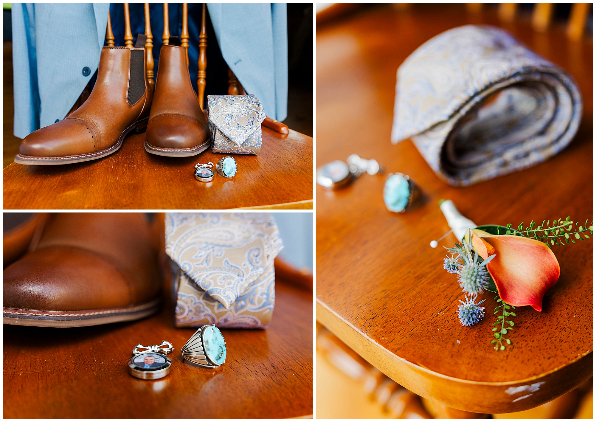 Collage of groom’s accessories: brown leather shoes, a patterned tie, turquoise ring, cufflinks, boutonniere, and a watch, displayed on a wooden chair—perfectly capturing the rustic elegance of a Knotting Hill Farm wedding.