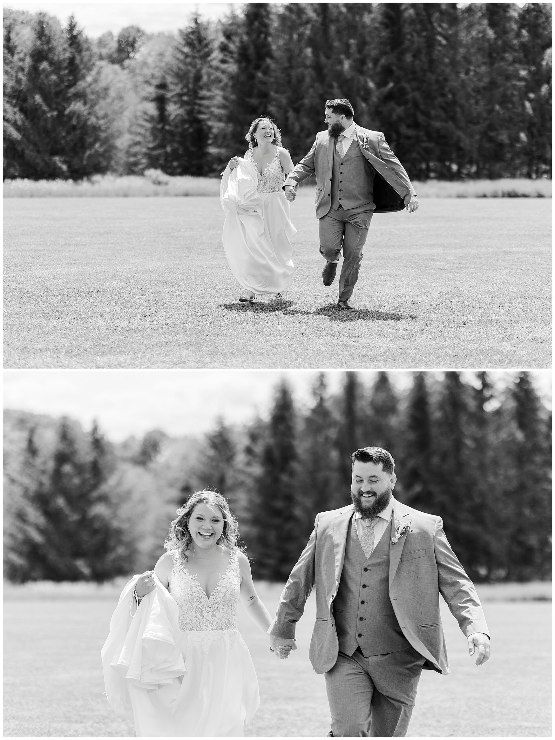 Two black-and-white photos show a bride and groom holding hands, smiling, and walking together outside on a grassy field with tall trees in the background during their Knotting Hill Farm wedding.