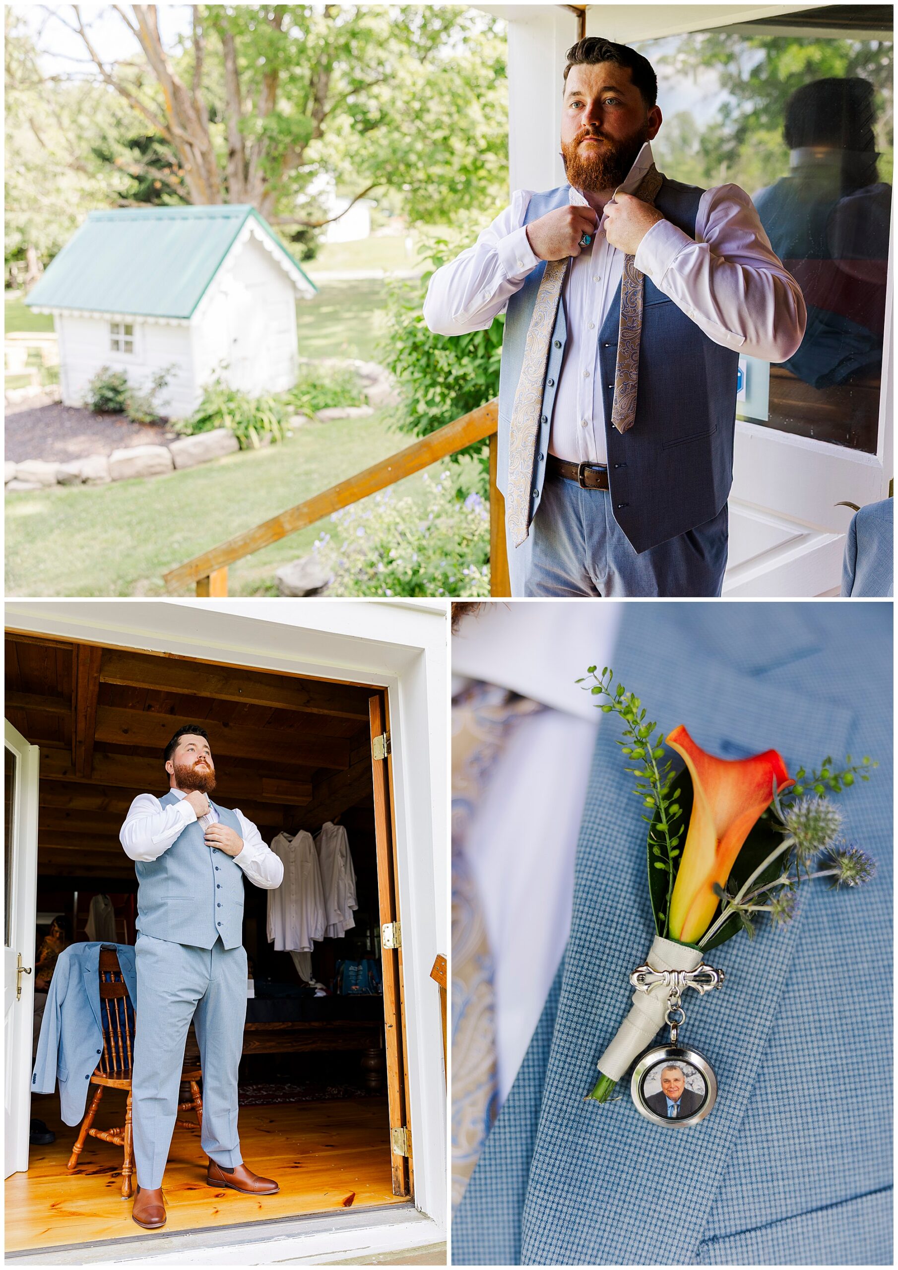 A man in a blue suit gets ready for a formal event at Knotting Hill Farm Wedding, adjusting his tie indoors and posing on a porch. His boutonniere features an orange flower and a pin with a small photo of a person.