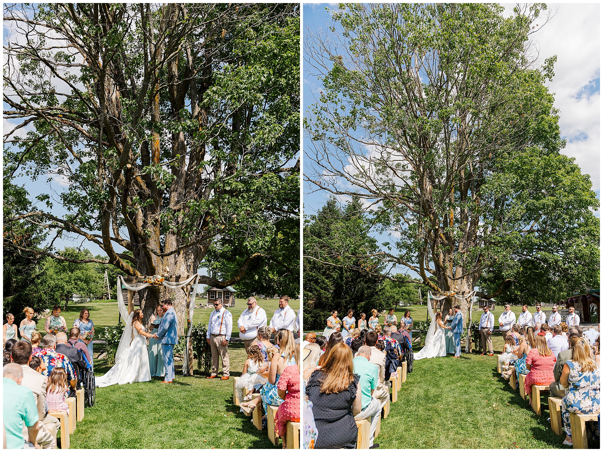 A bride and groom stand under a large tree during an outdoor Knotting Hill Farm wedding ceremony, surrounded by guests seated on benches on a sunny day.