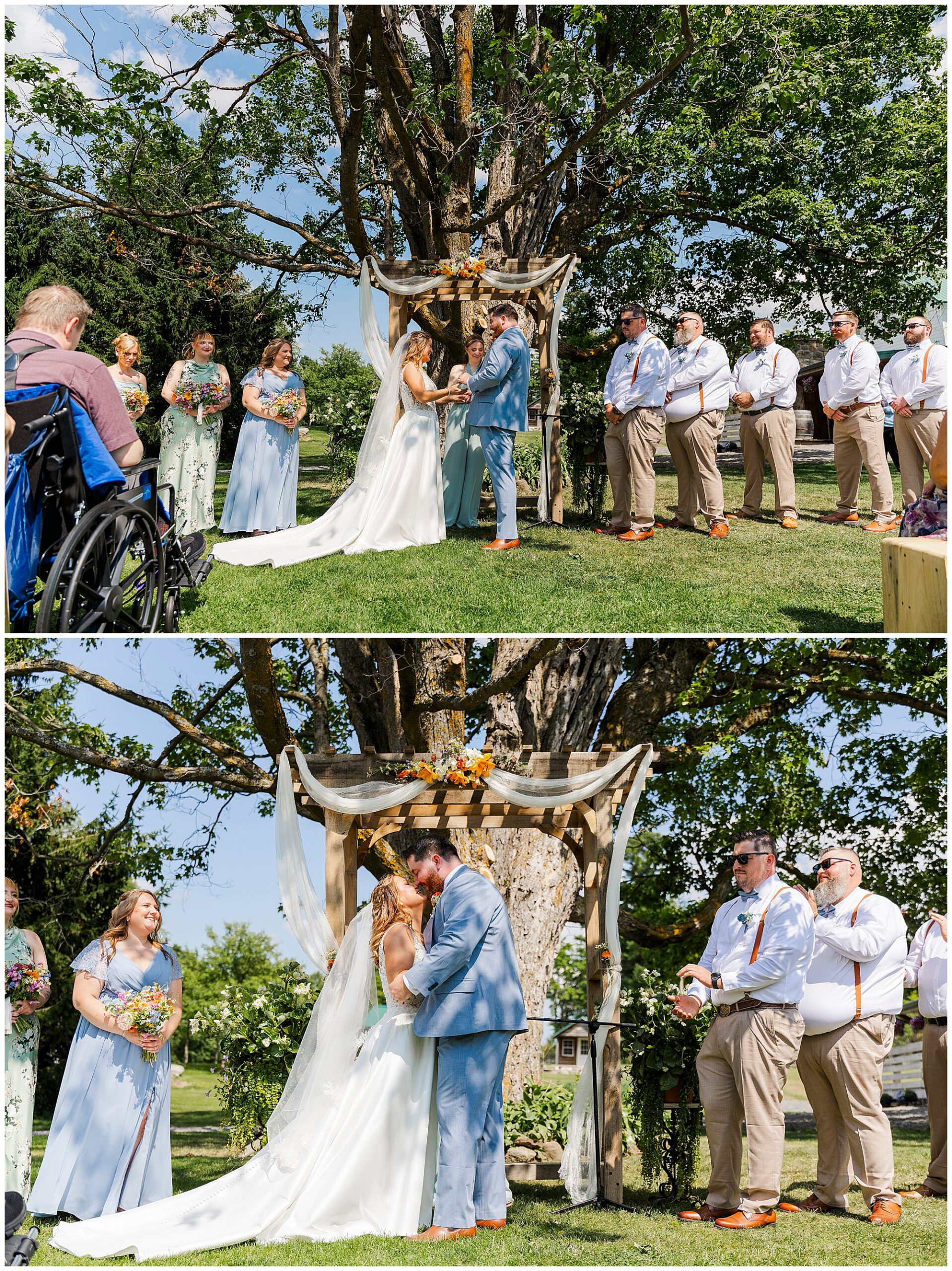 A bride and groom exchange vows outdoors under a wooden arch at their Knotting Hill Farm wedding, surrounded by bridesmaids and groomsmen. In the second image, they share their first kiss as a married couple while guests look on.
