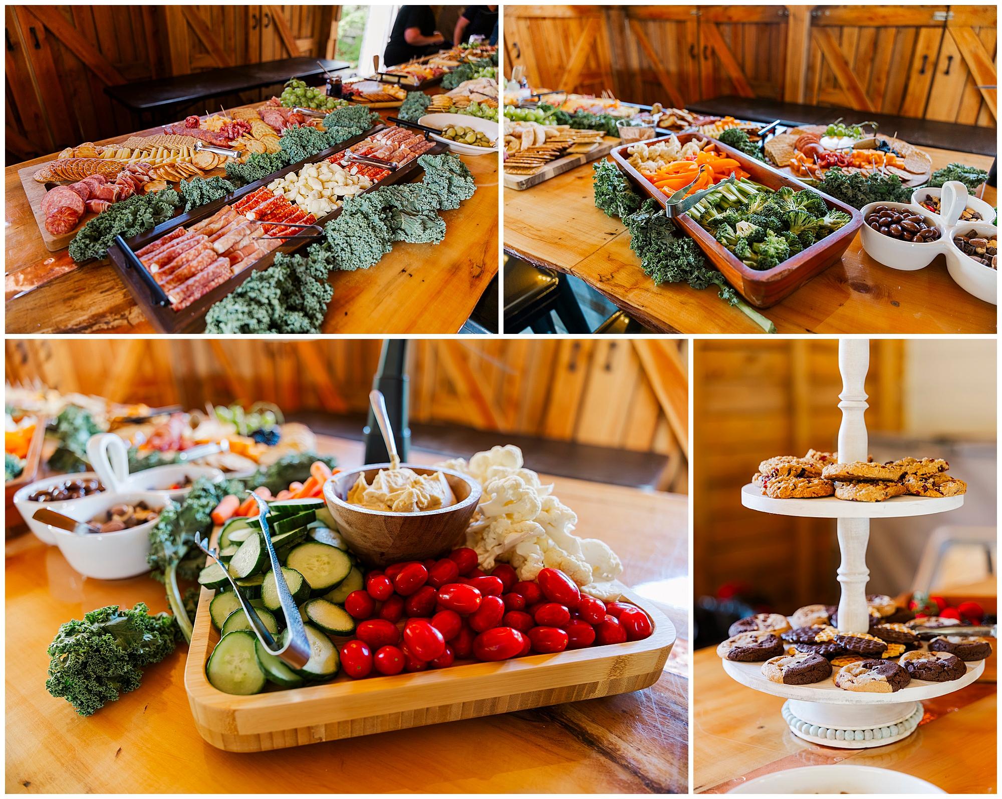 Charcuterie boards with meats, cheeses, fruits, veggies, and dips are artfully arranged on a wooden table. A tiered stand holds cookies and brownies. The setting appears rustic with wooden walls, offering the perfect ambiance for a charming Knotting Hill Farm wedding.