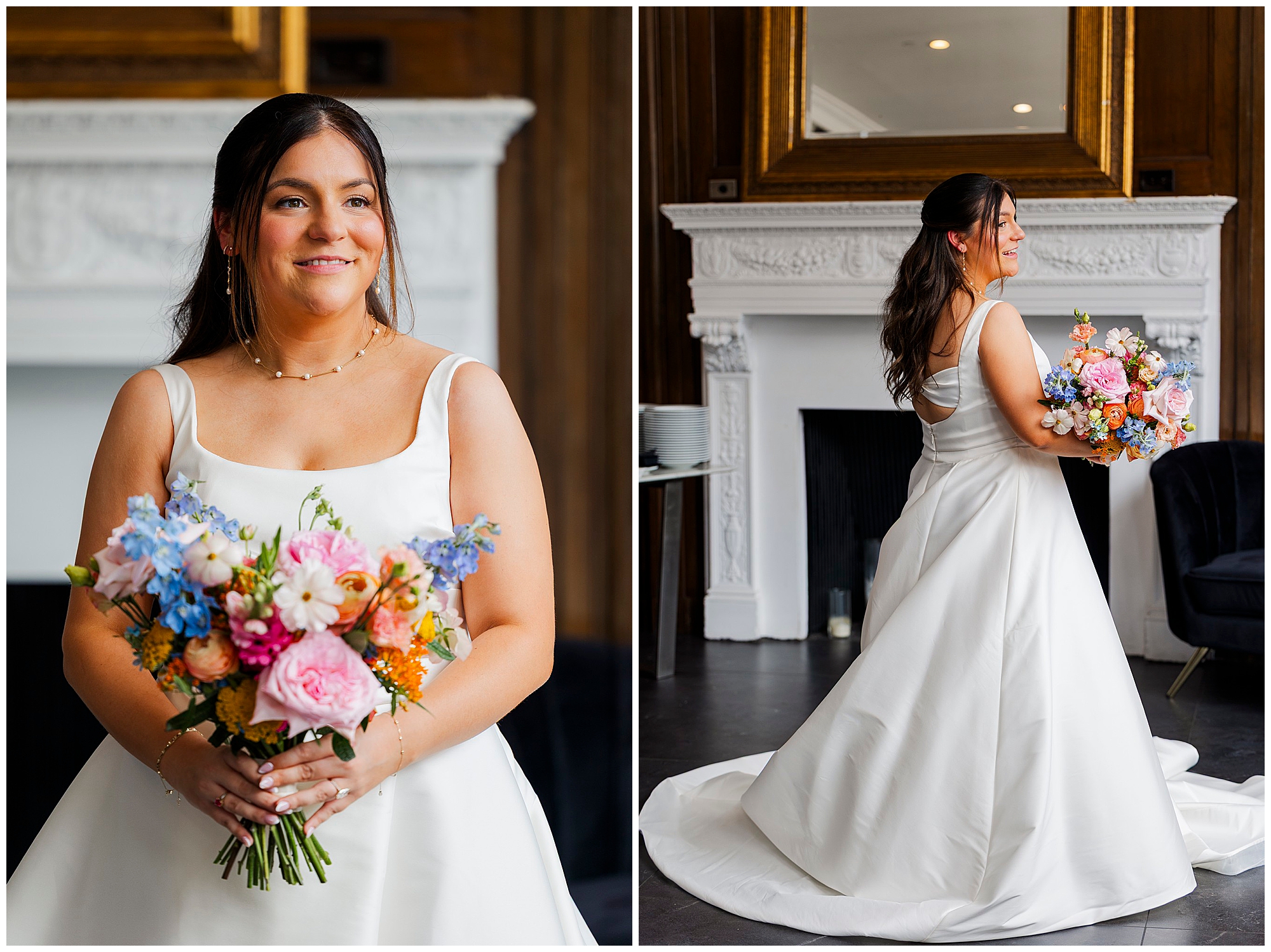 A bride in a white Felina Wedding gown holds a colorful bouquet of flowers, smiling in front of a fireplace with a gold-framed mirror. One photo shows her facing forward, the other from behind, beautifully displaying her dress’s train.