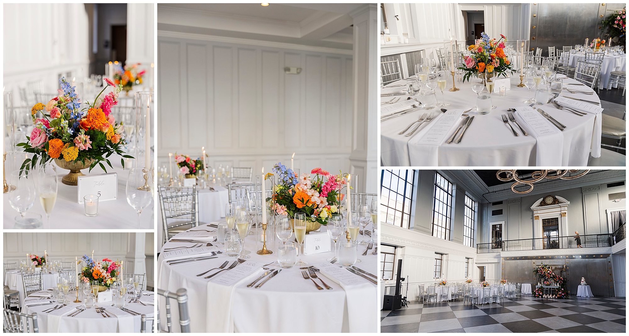 Collage of elegant felina wedding reception tables with white linens, colorful floral centerpieces, menus, glasses, and silverware in a bright, modern event space with large windows and high ceilings.