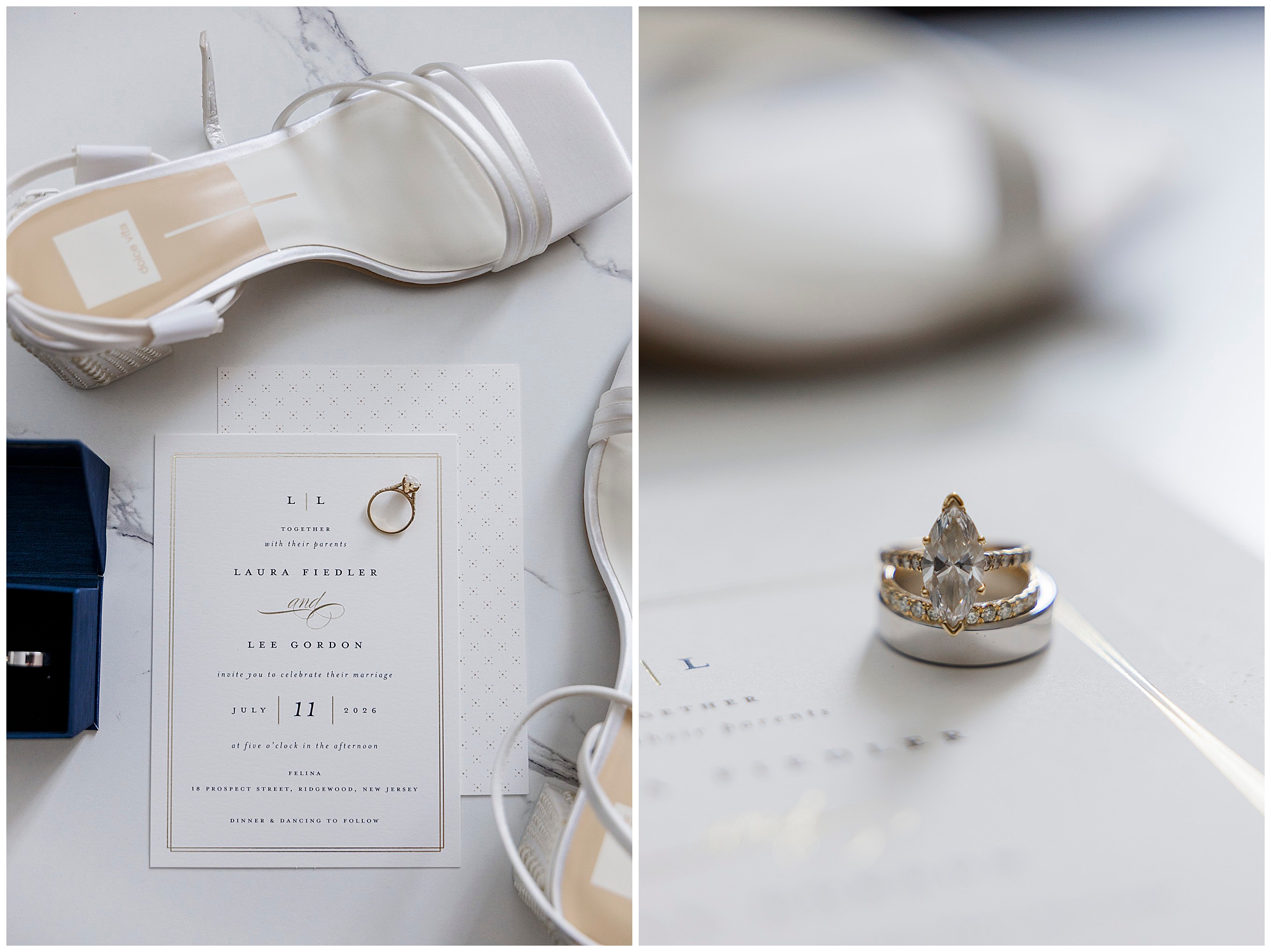Left: White heels, invitation, and rings arranged flat on a surface for an elegant felina wedding. Right: Close-up of a pear-shaped engagement ring and wedding band resting on a white card.