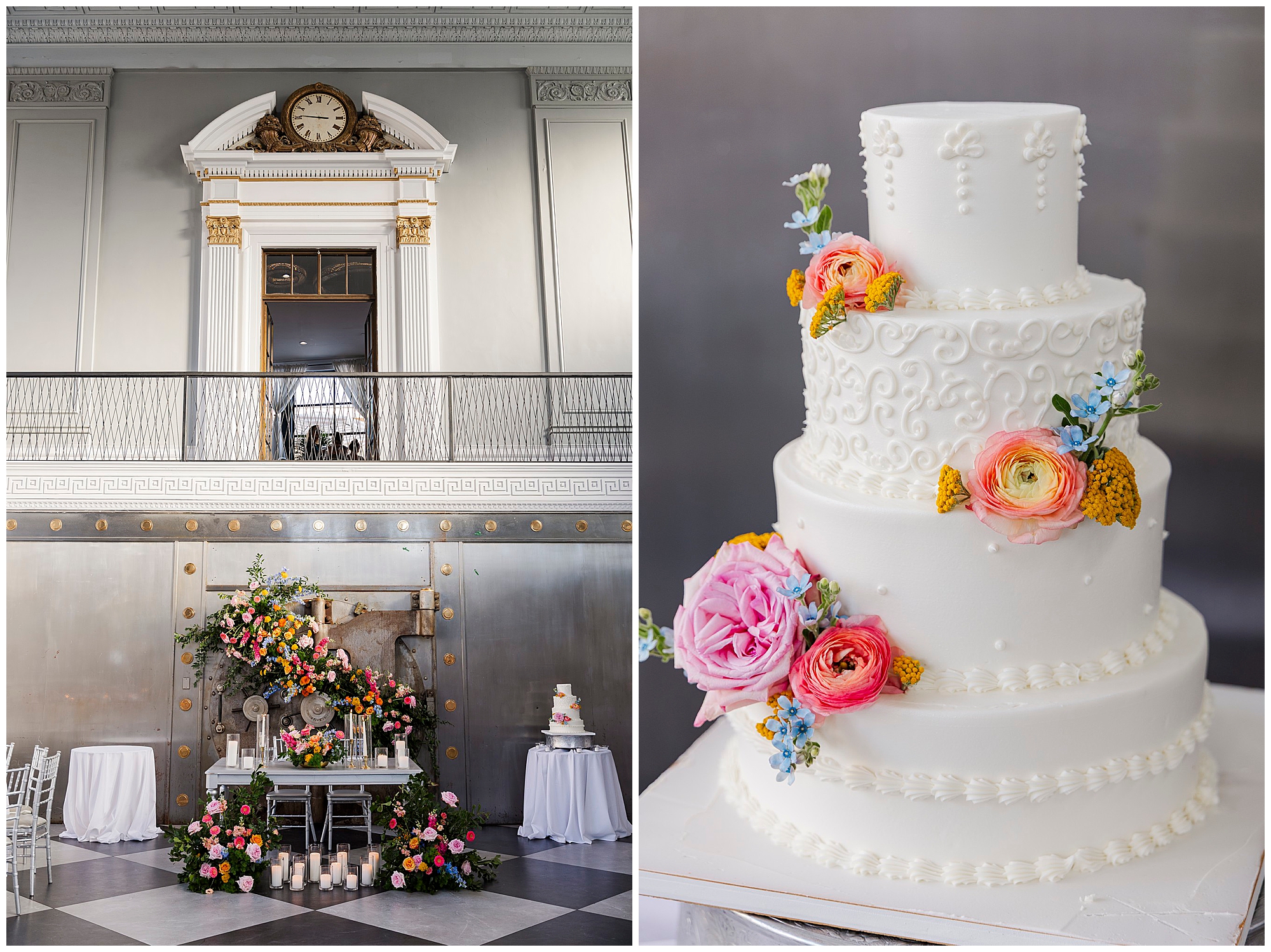 Left: Elegant ballroom with a floral arch, candles, and clock above sets the scene for a sophisticated Felina wedding. Right: Three-tier white wedding cake decorated with pink, yellow, and orange flowers.